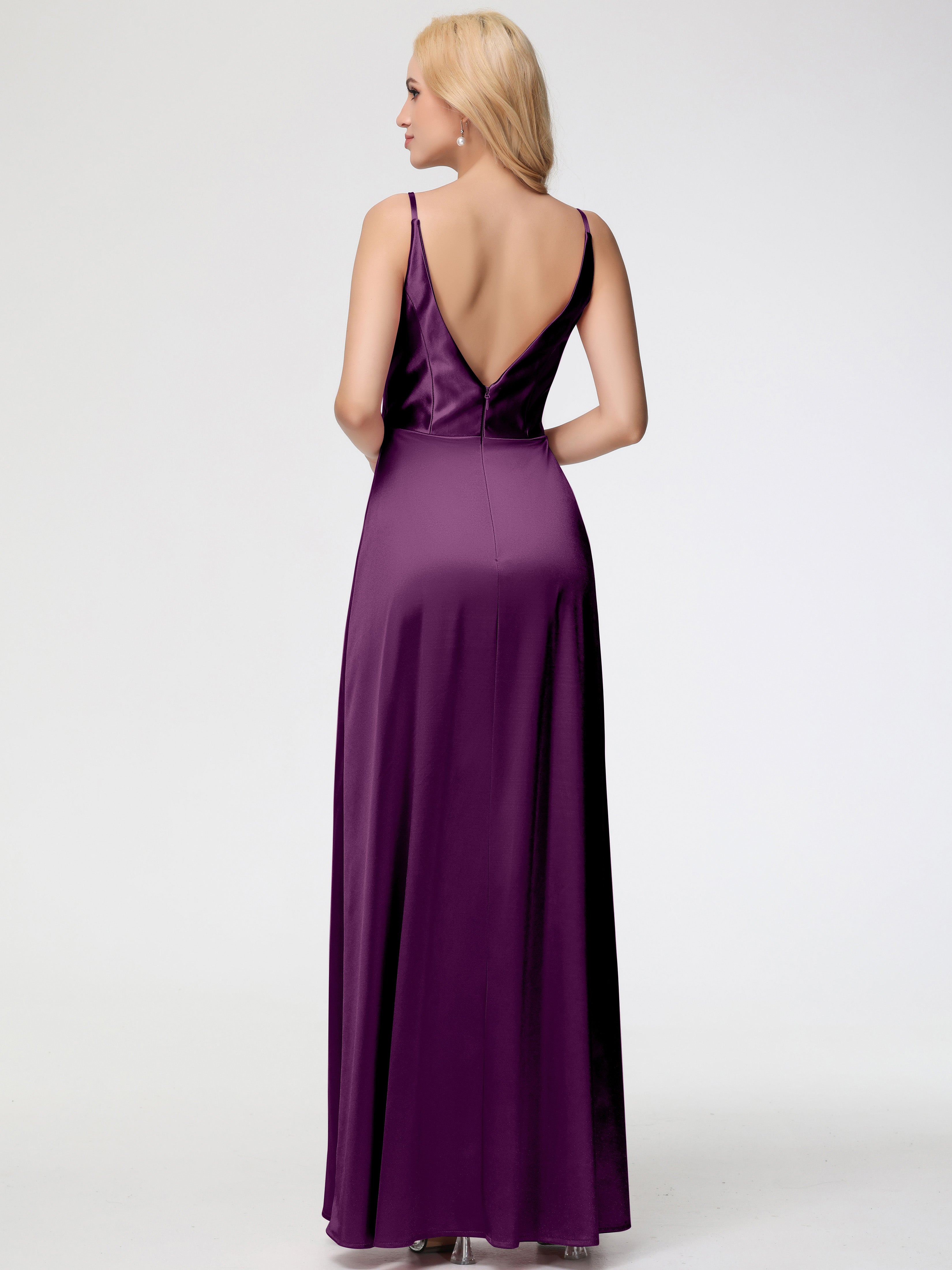 Robes De Demoiselle D'Honneur Raisin Trapèze Fendue Col V Dos V Satin Extensible Robe De Demoiselle D'Honneur