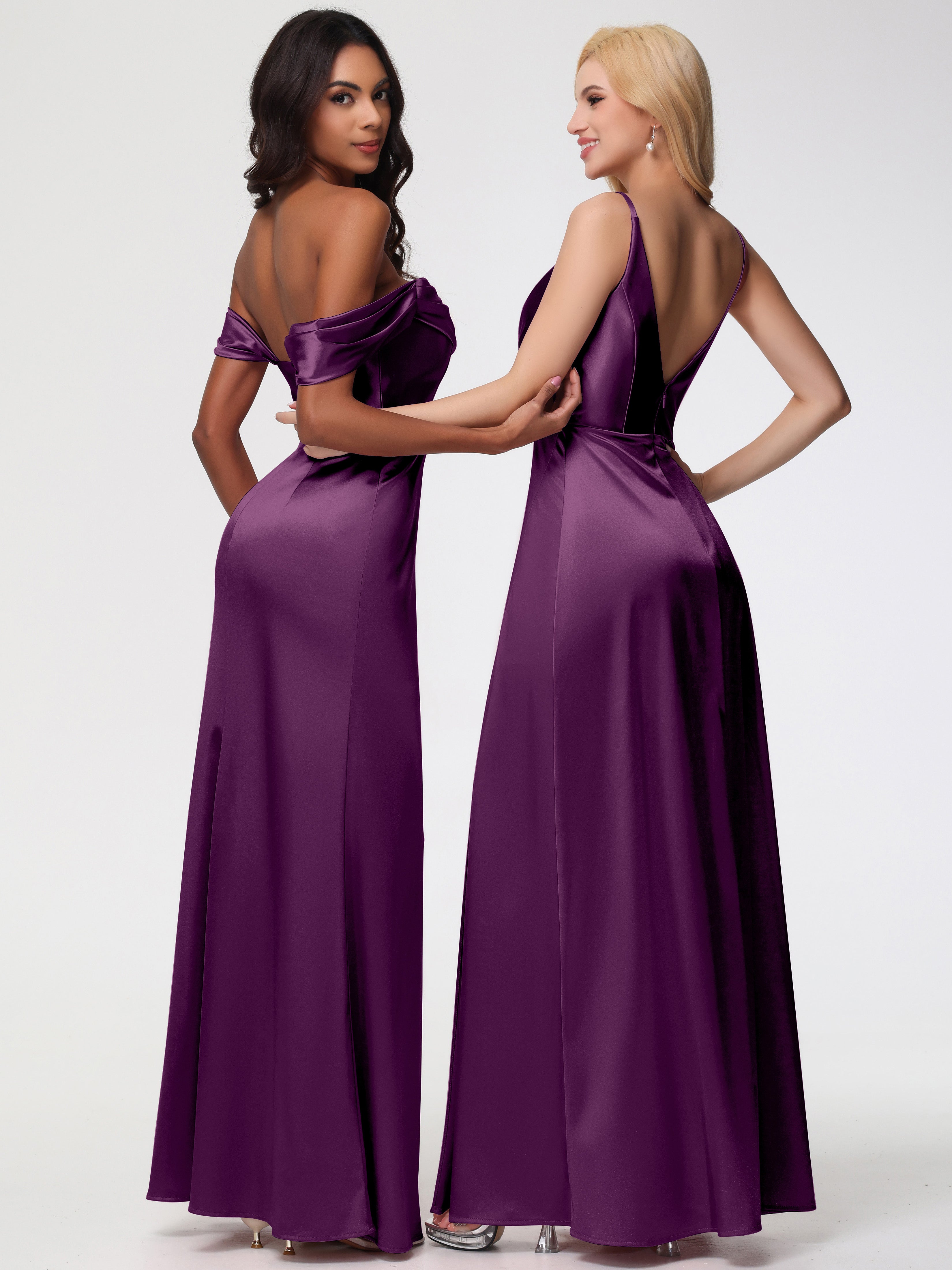 Robes De Demoiselle D'Honneur Raisin Trapèze Fendue Col V Dos V Satin Extensible Robe De Demoiselle D'Honneur