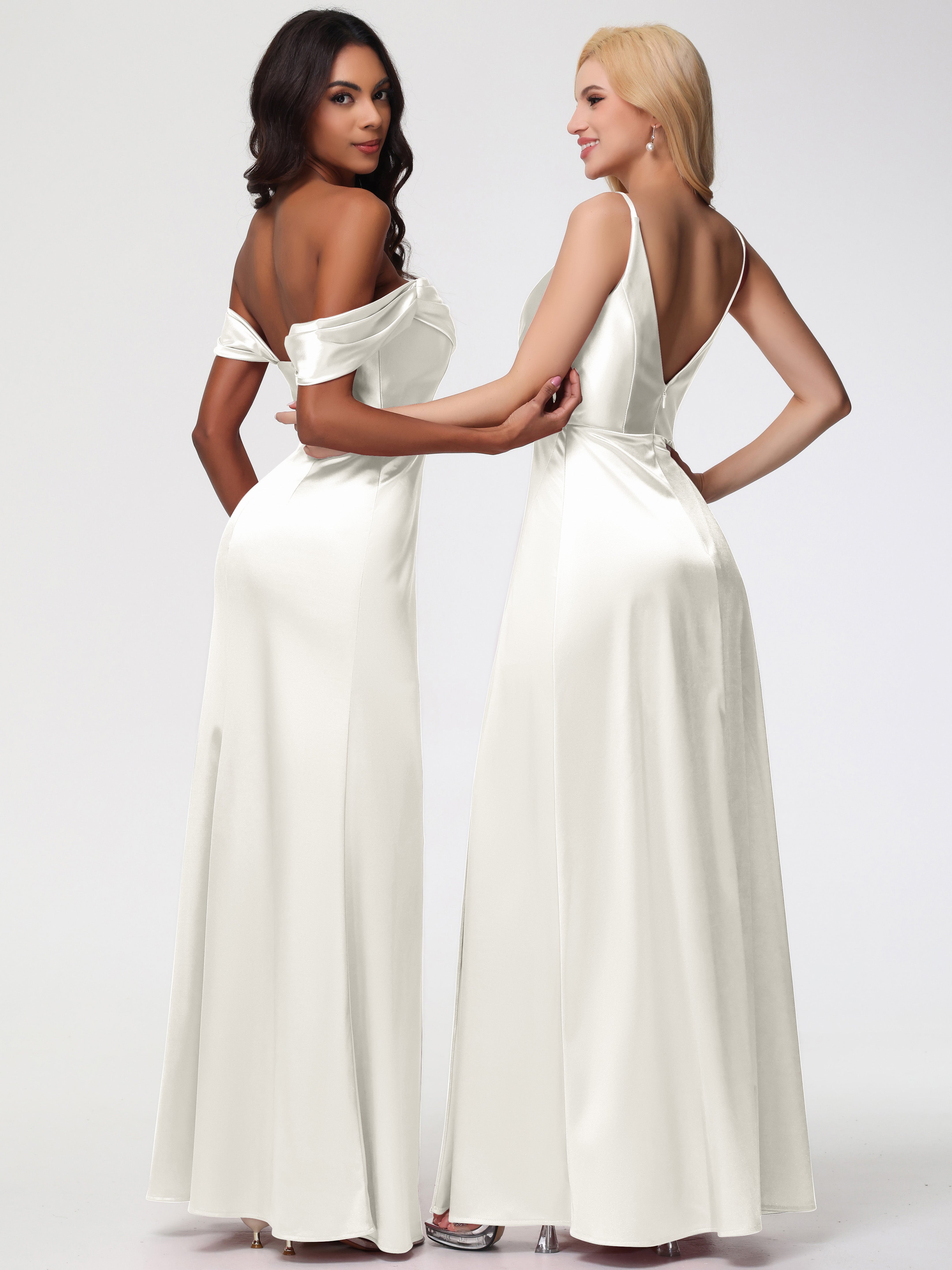 Robes De Demoiselle D'Honneur Ivoire Trapèze Fendue Col V Dos V Satin Extensible Robe De Demoiselle D'Honneur