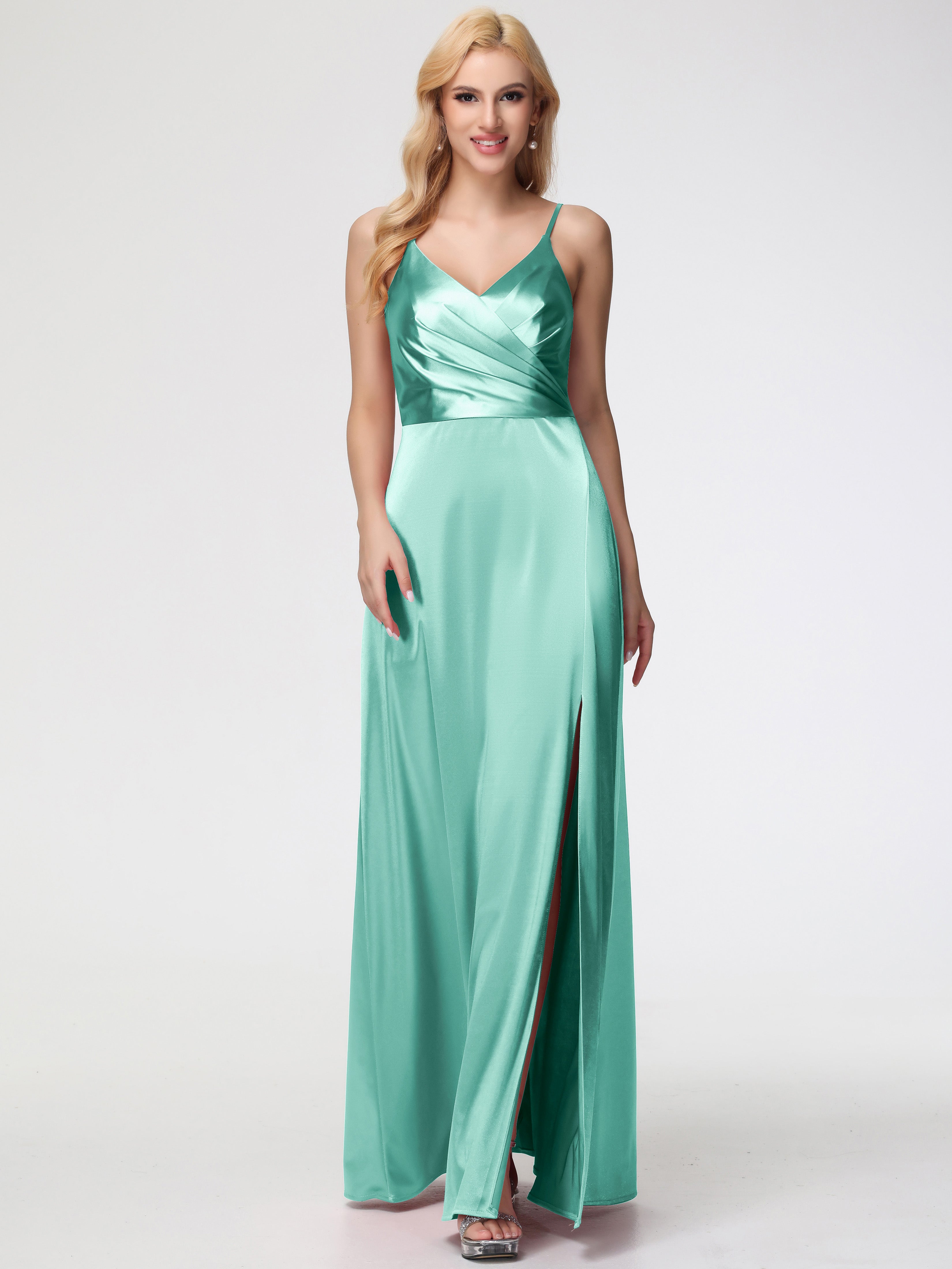 Robe Vert Menthe Demoiselle D Honneur Trapèze Fendue Col V Dos V Satin Extensible Robe De Demoiselle D'Honneur