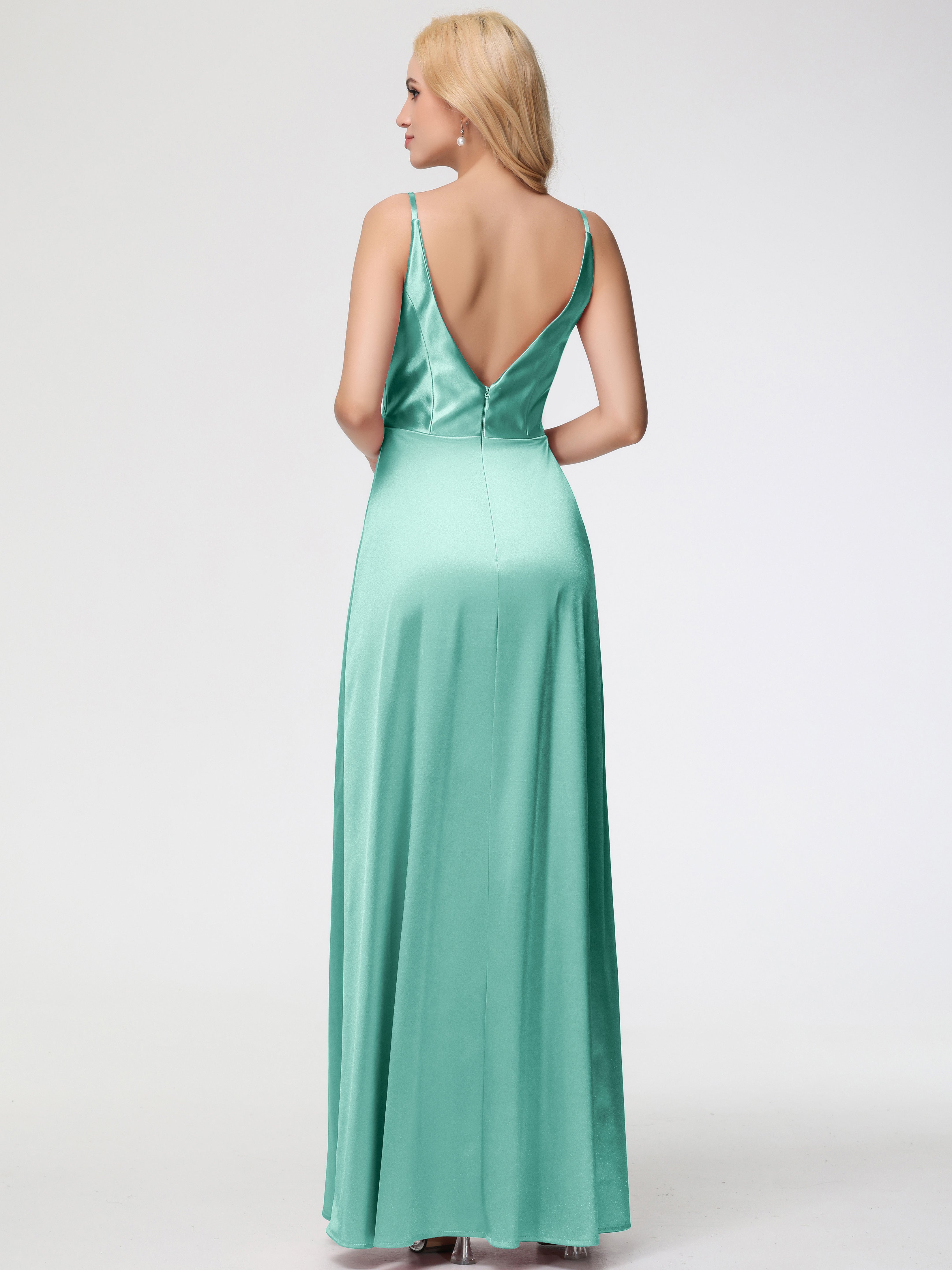 Robe Vert Menthe Demoiselle D Honneur Trapèze Fendue Col V Dos V Satin Extensible Robe De Demoiselle D'Honneur