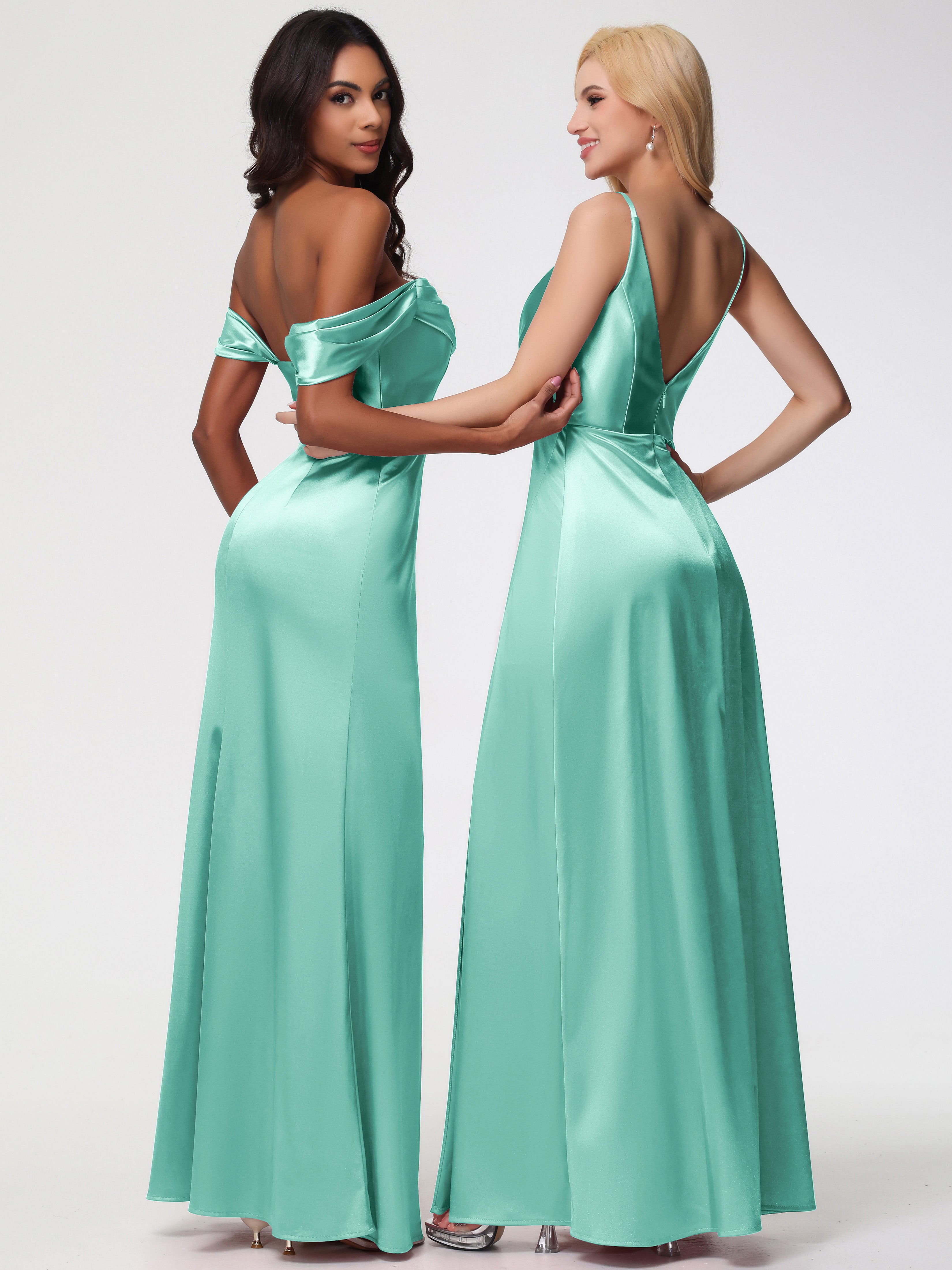 Robe Vert Menthe Demoiselle D Honneur Trapèze Fendue Col V Dos V Satin Extensible Robe De Demoiselle D'Honneur