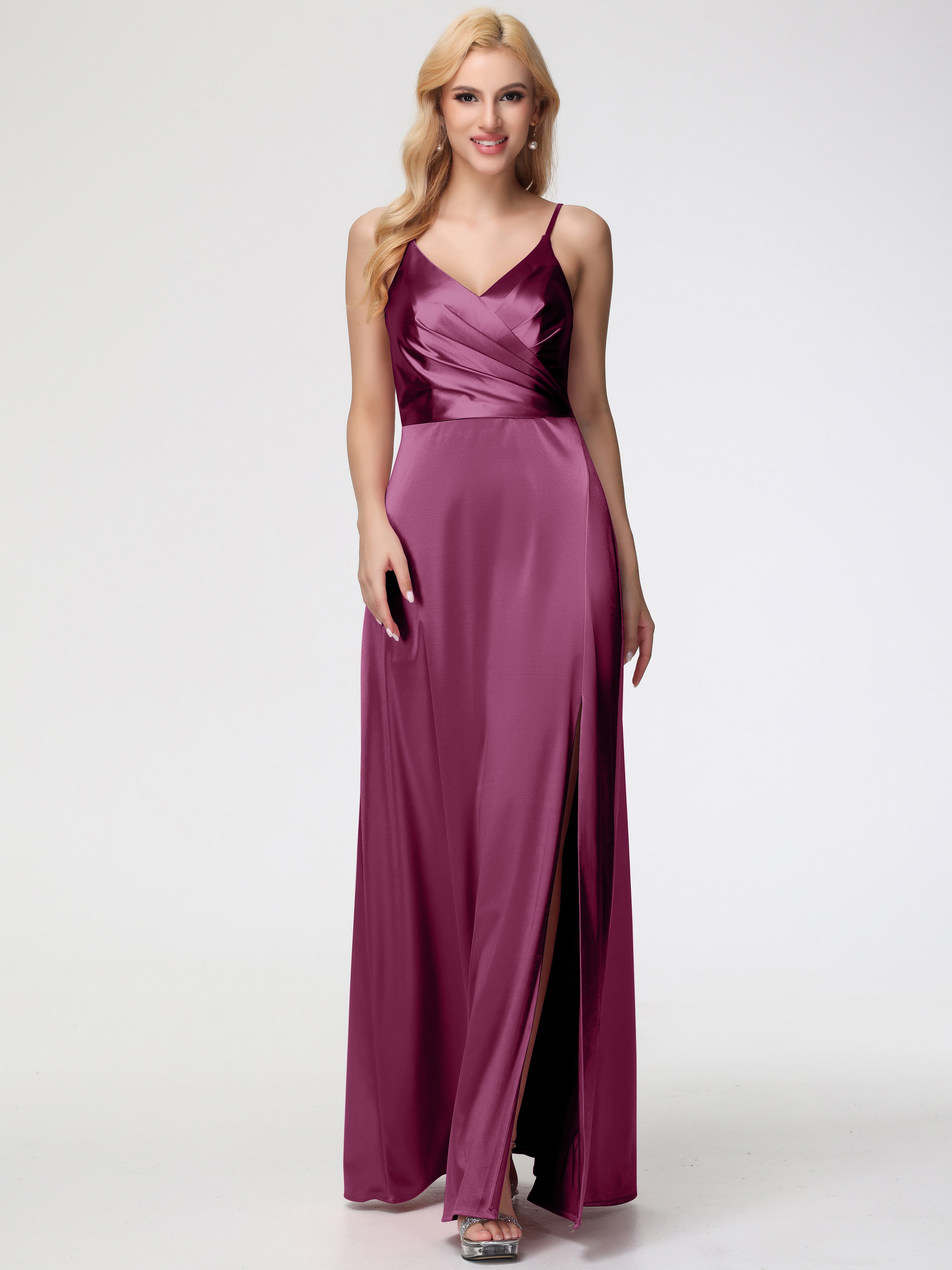 Robes De Demoiselle D'Honneur Mure Trapèze Fendue Col V Dos V Satin Extensible Robe De Demoiselle D'Honneur