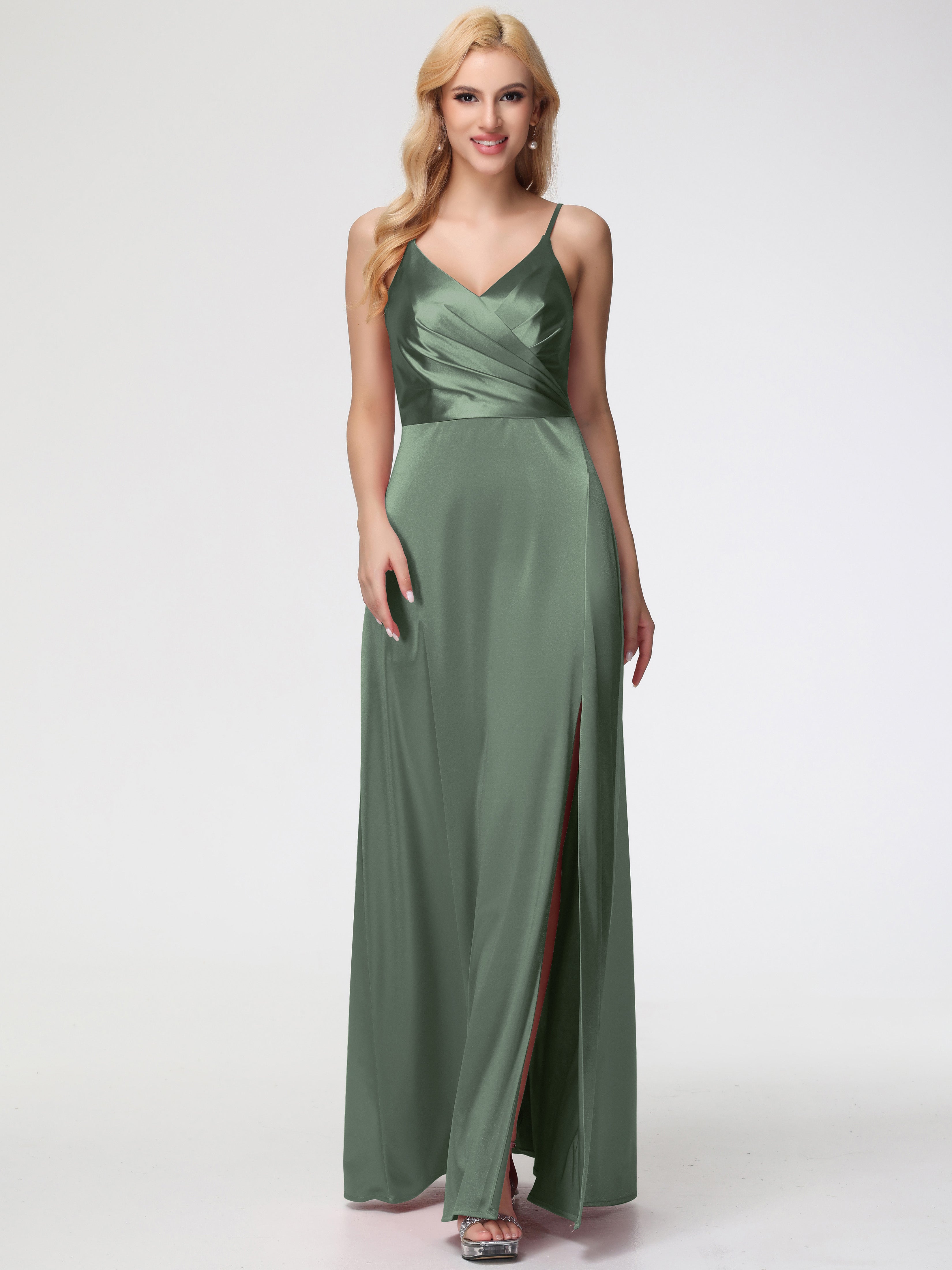 Demoiselle D Honneur Vert Olive Trapèze Fendue Col V Dos V Satin Extensible Robe De Demoiselle D'Honneur