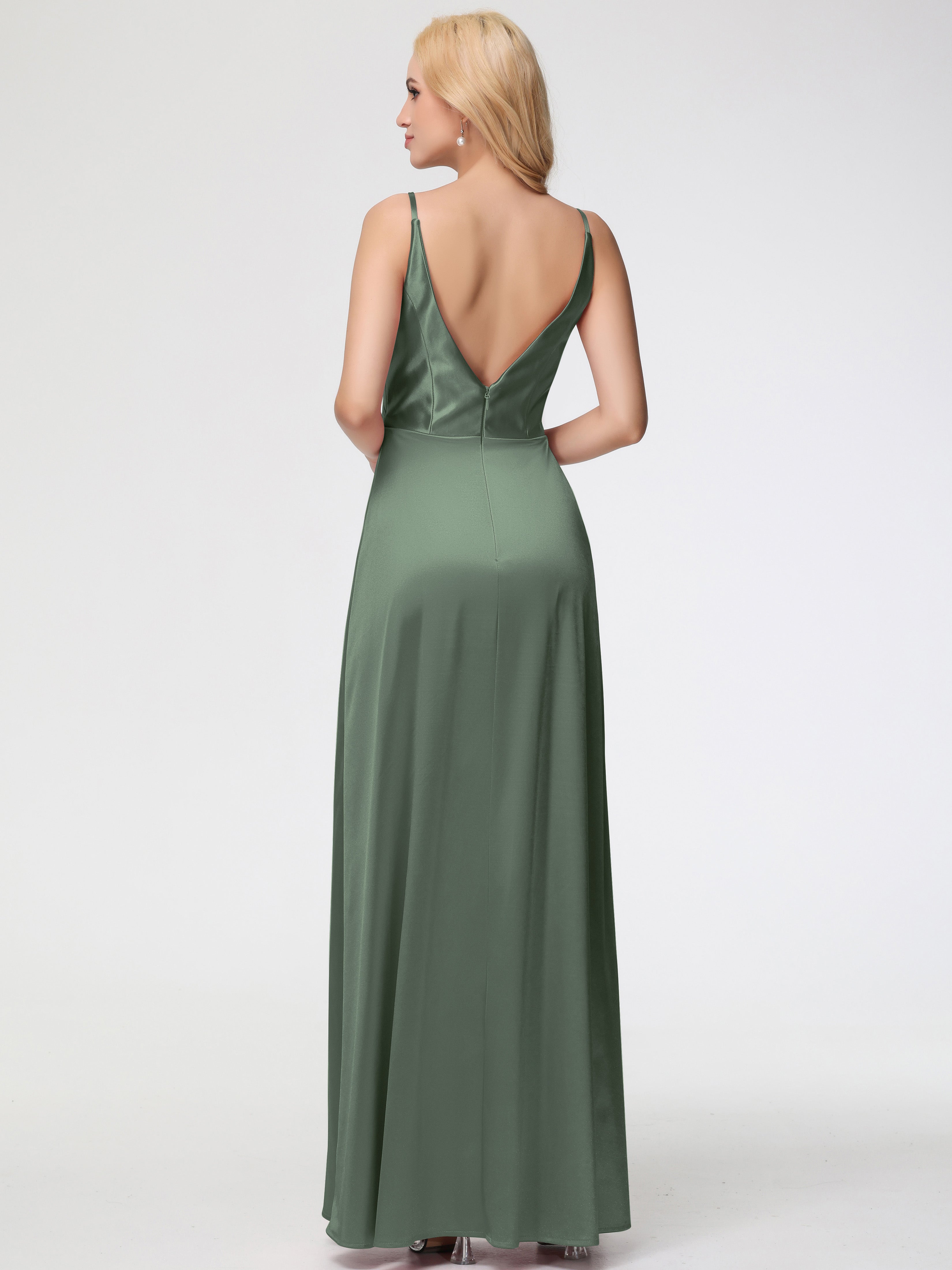 Demoiselle D Honneur Vert Olive Trapèze Fendue Col V Dos V Satin Extensible Robe De Demoiselle D'Honneur