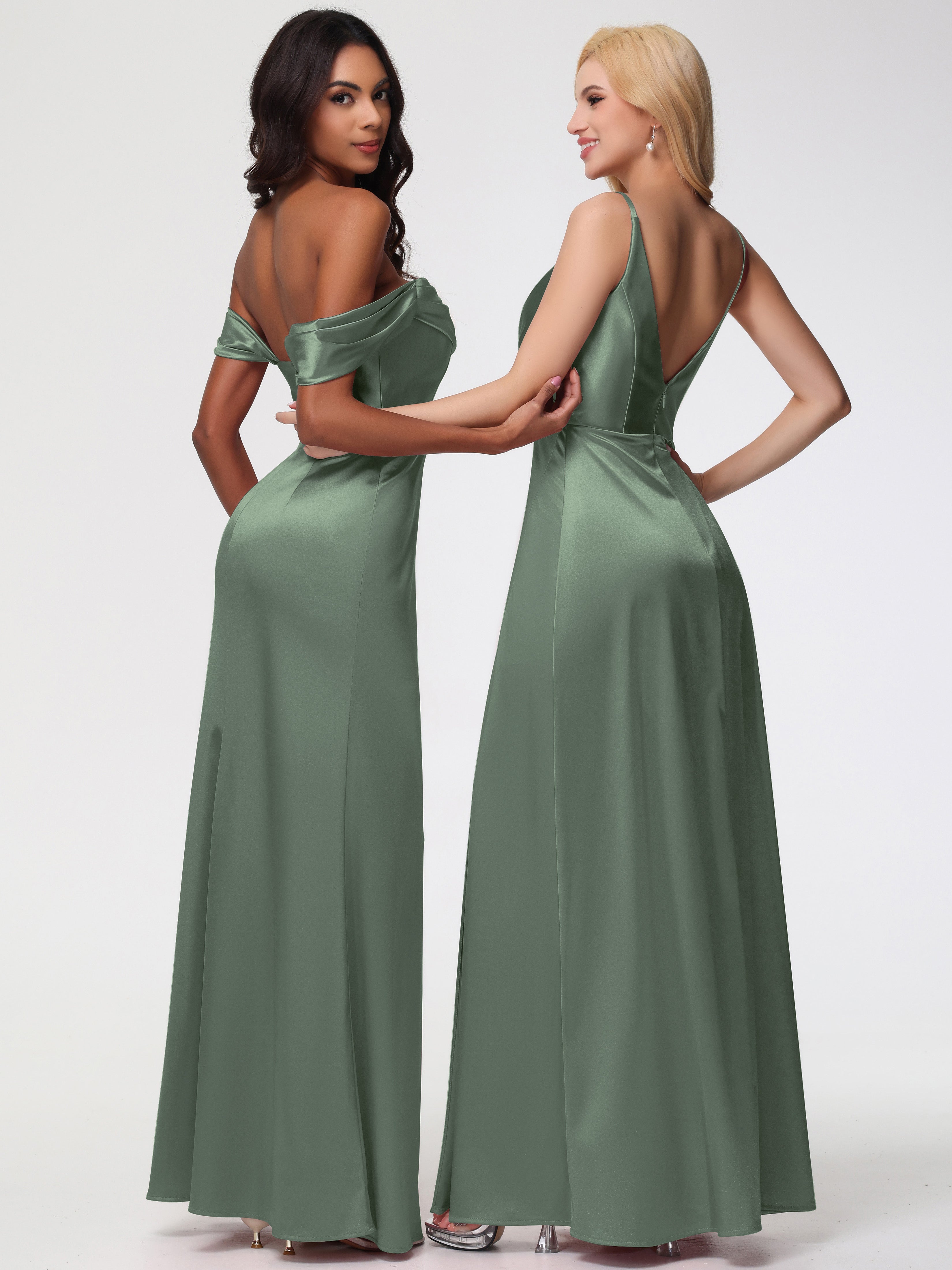 Demoiselle D Honneur Vert Olive Trapèze Fendue Col V Dos V Satin Extensible Robe De Demoiselle D'Honneur