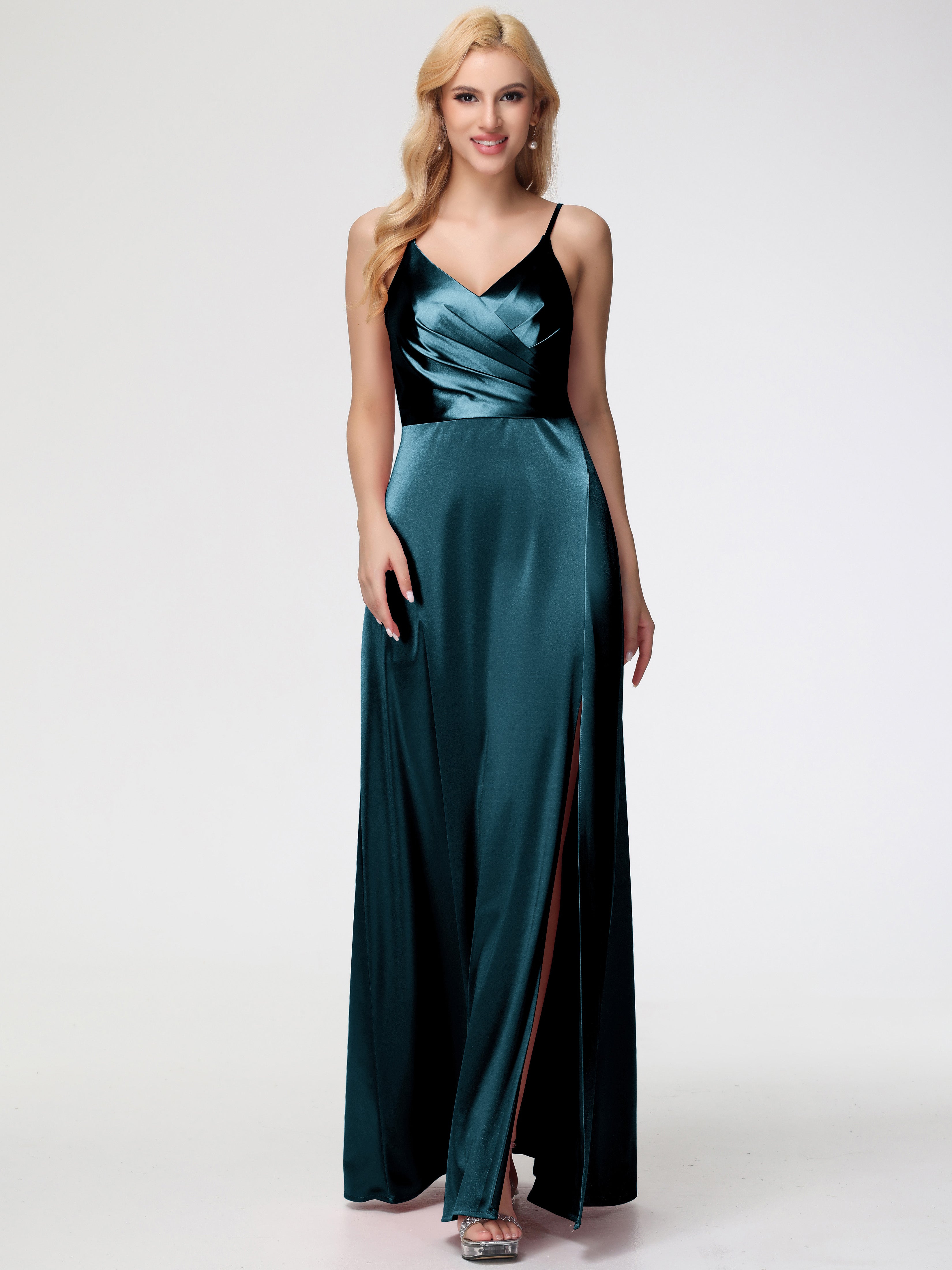 Robes De Demoiselle D'Honneur Couleur Paon Bon Marché Trapèze Fendue Col V Dos V Satin Extensible Robe De Demoiselle D'Honneur