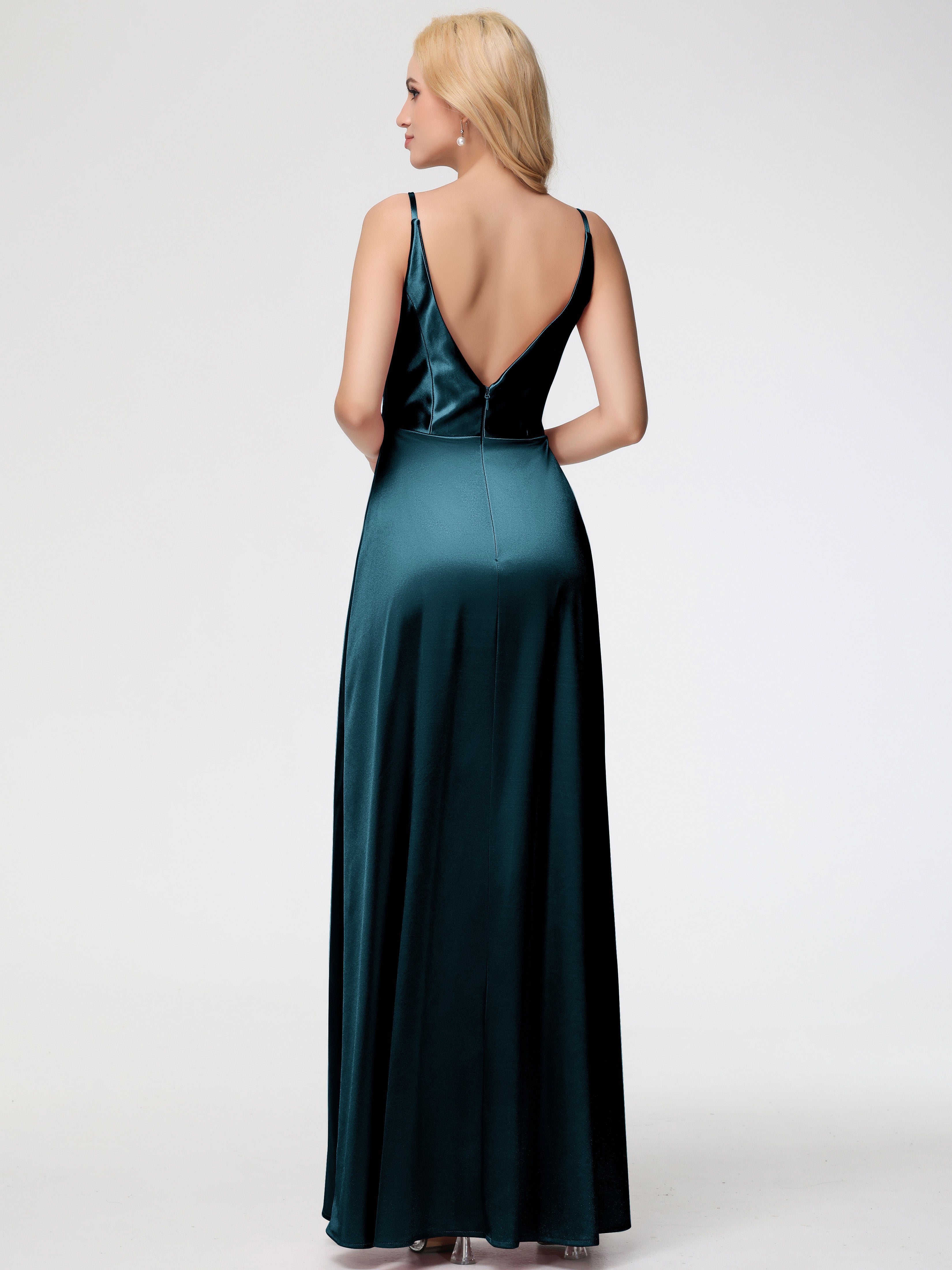 Robes De Demoiselle D'Honneur Couleur Paon Bon Marché Trapèze Fendue Col V Dos V Satin Extensible Robe De Demoiselle D'Honneur