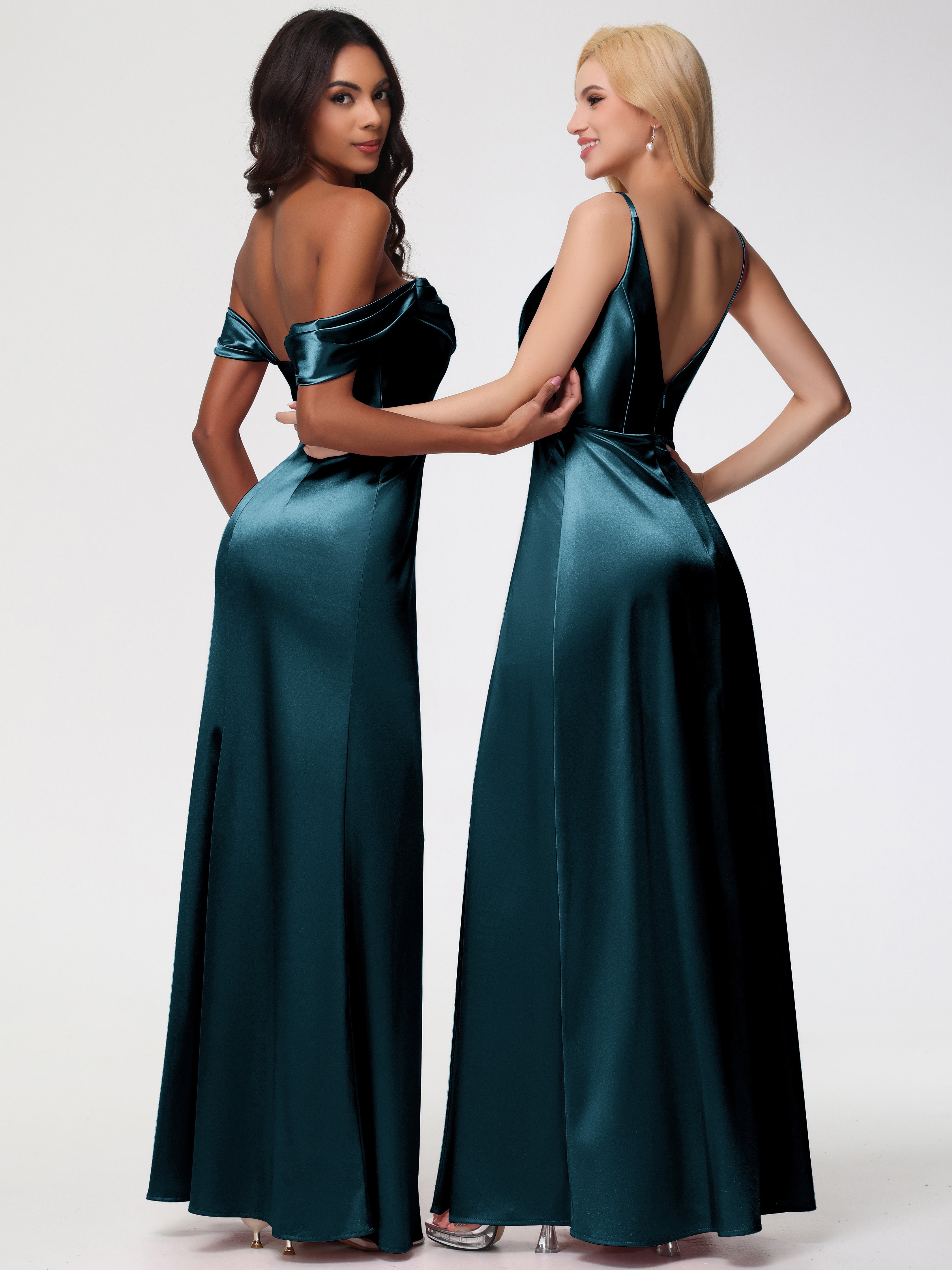 Robes De Demoiselle D'Honneur Couleur Paon Bon Marché Trapèze Fendue Col V Dos V Satin Extensible Robe De Demoiselle D'Honneur