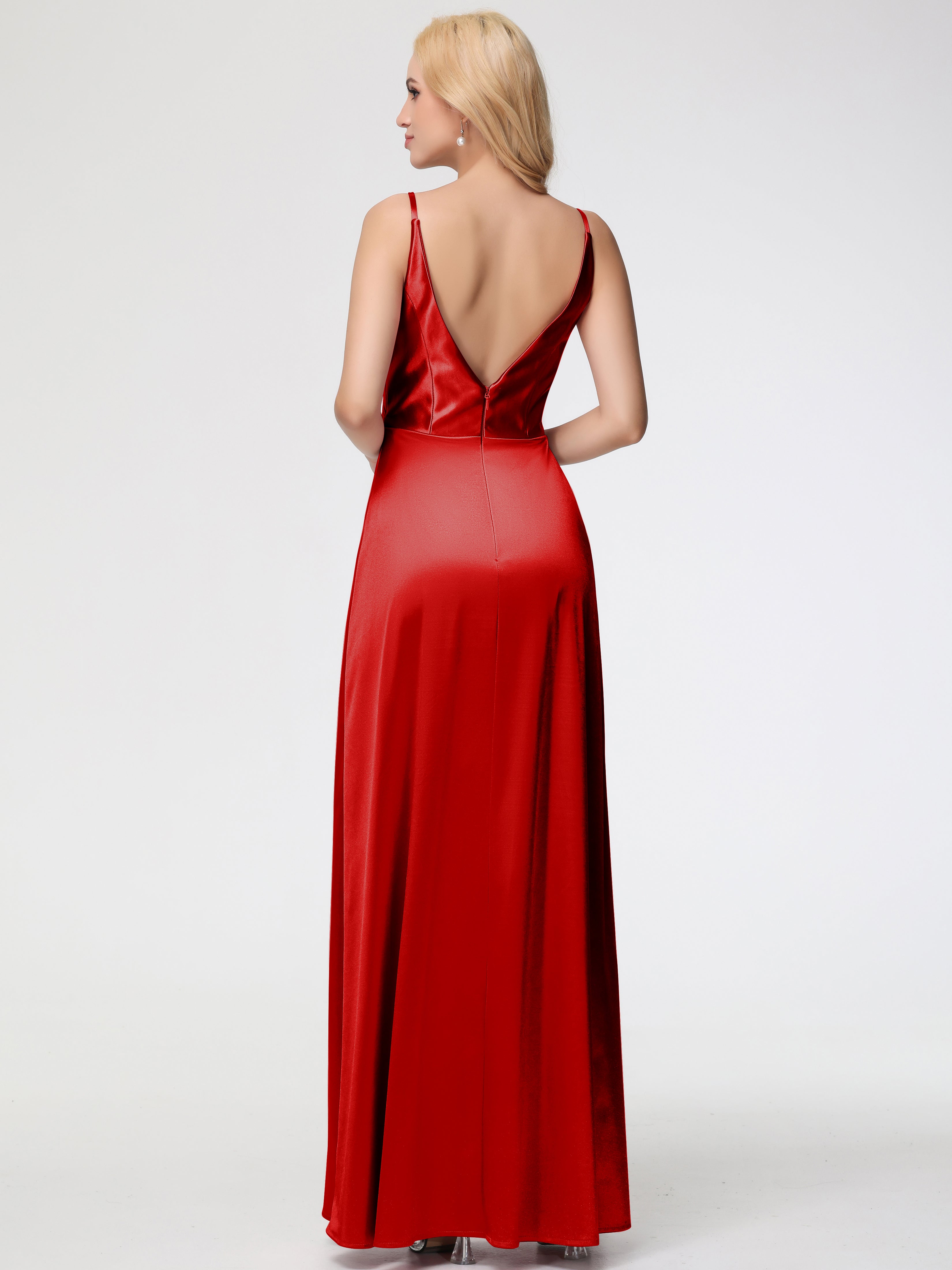 Demoiselle D Honneur Rouge Trapèze Fendue Col V Dos V Satin Extensible Robe De Demoiselle D'Honneur