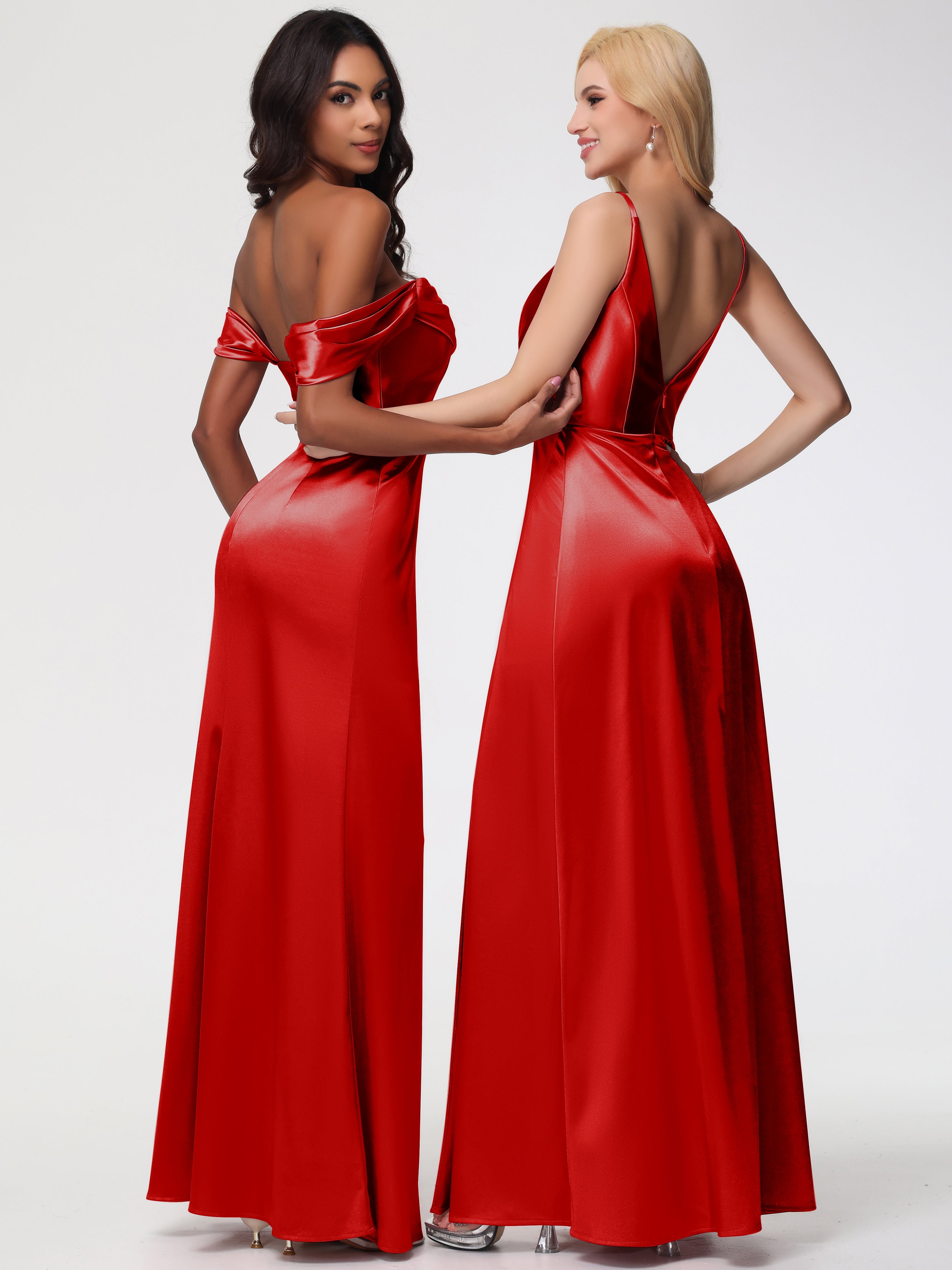 Demoiselle D Honneur Rouge Trapèze Fendue Col V Dos V Satin Extensible Robe De Demoiselle D'Honneur