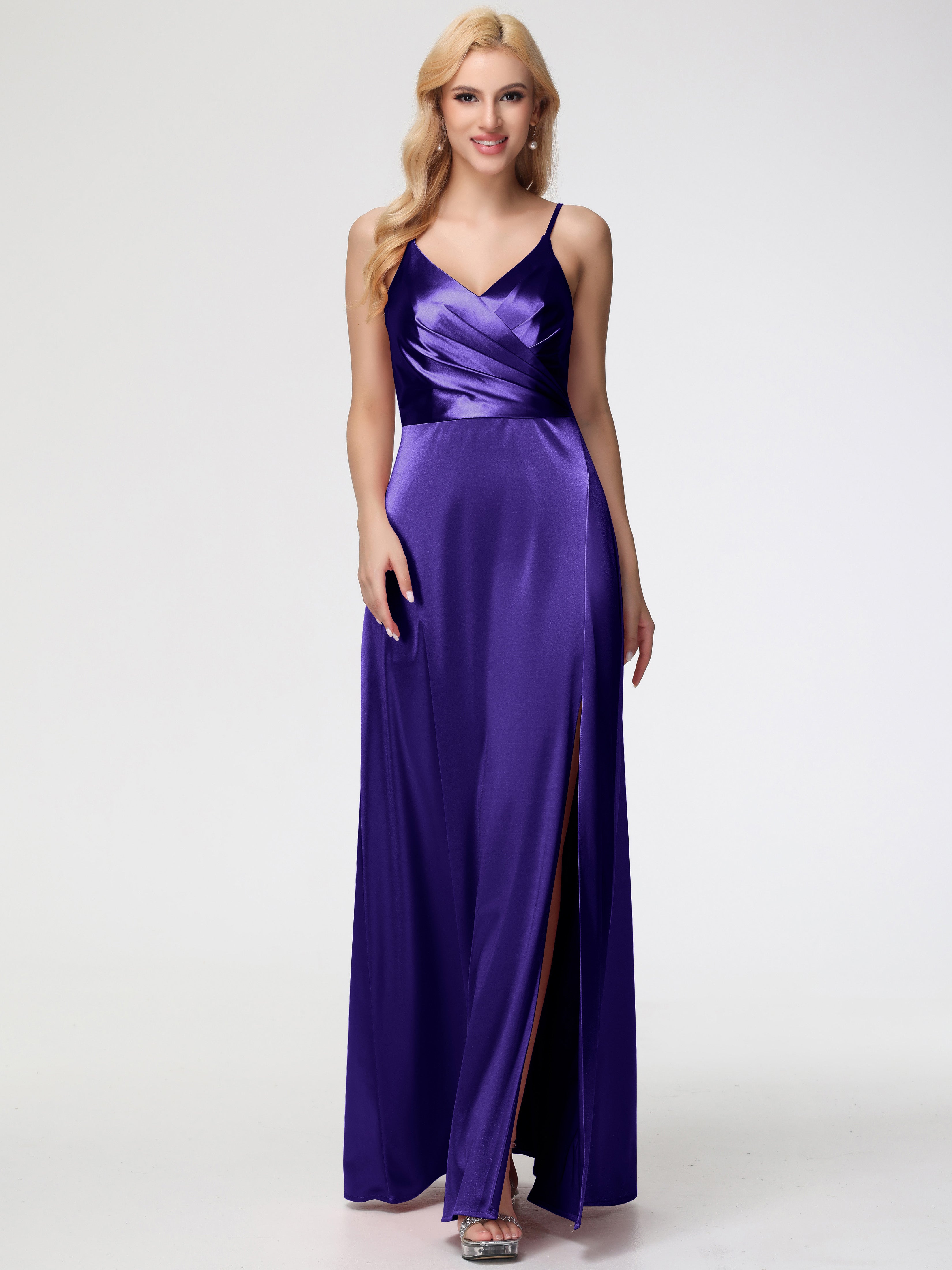 Robes De Demoiselle D'Honneur En Régence Trapèze Fendue Col V Dos V Satin Extensible Robe De Demoiselle D'Honneur