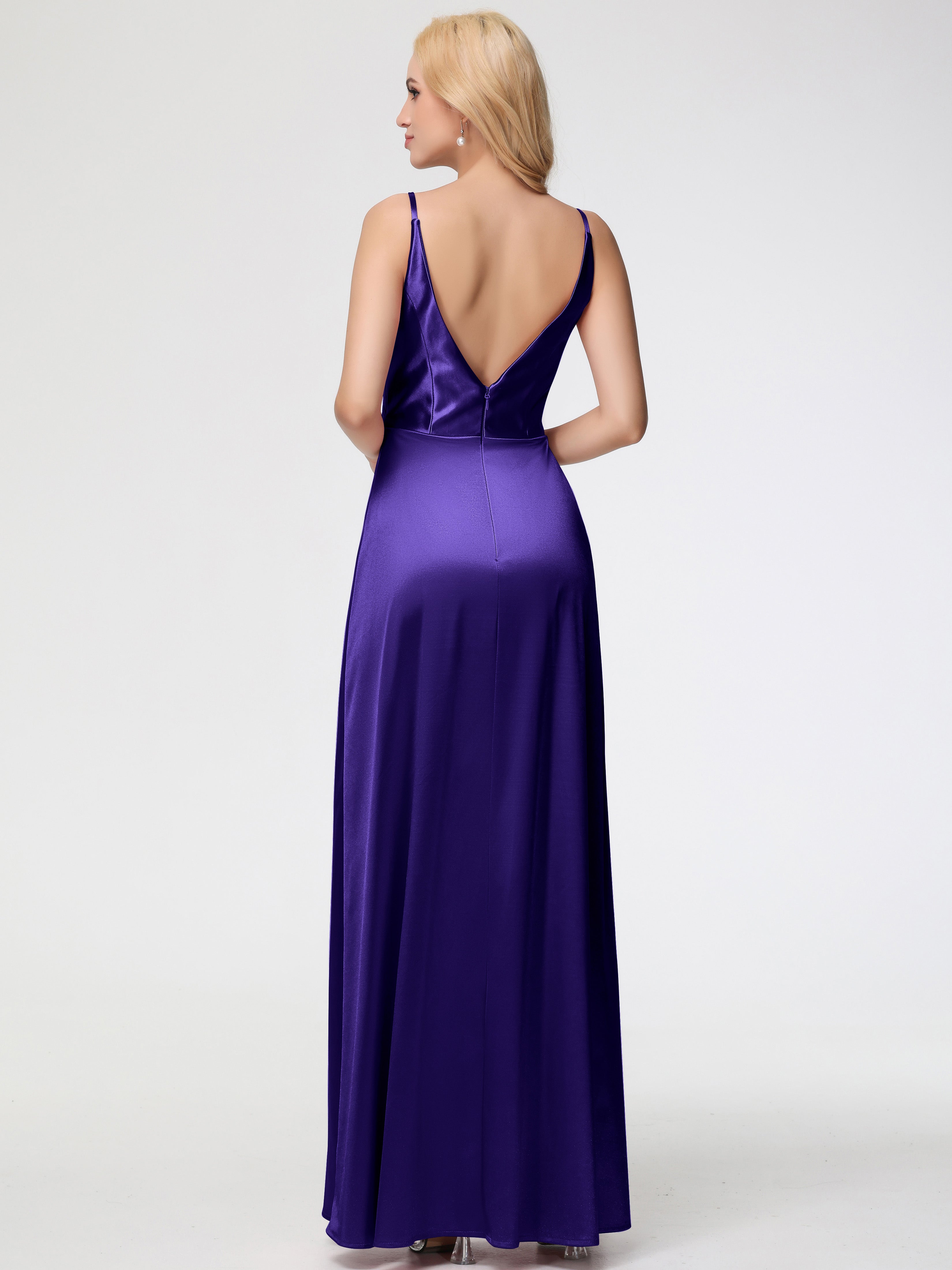 Robes De Demoiselle D'Honneur En Régence Trapèze Fendue Col V Dos V Satin Extensible Robe De Demoiselle D'Honneur