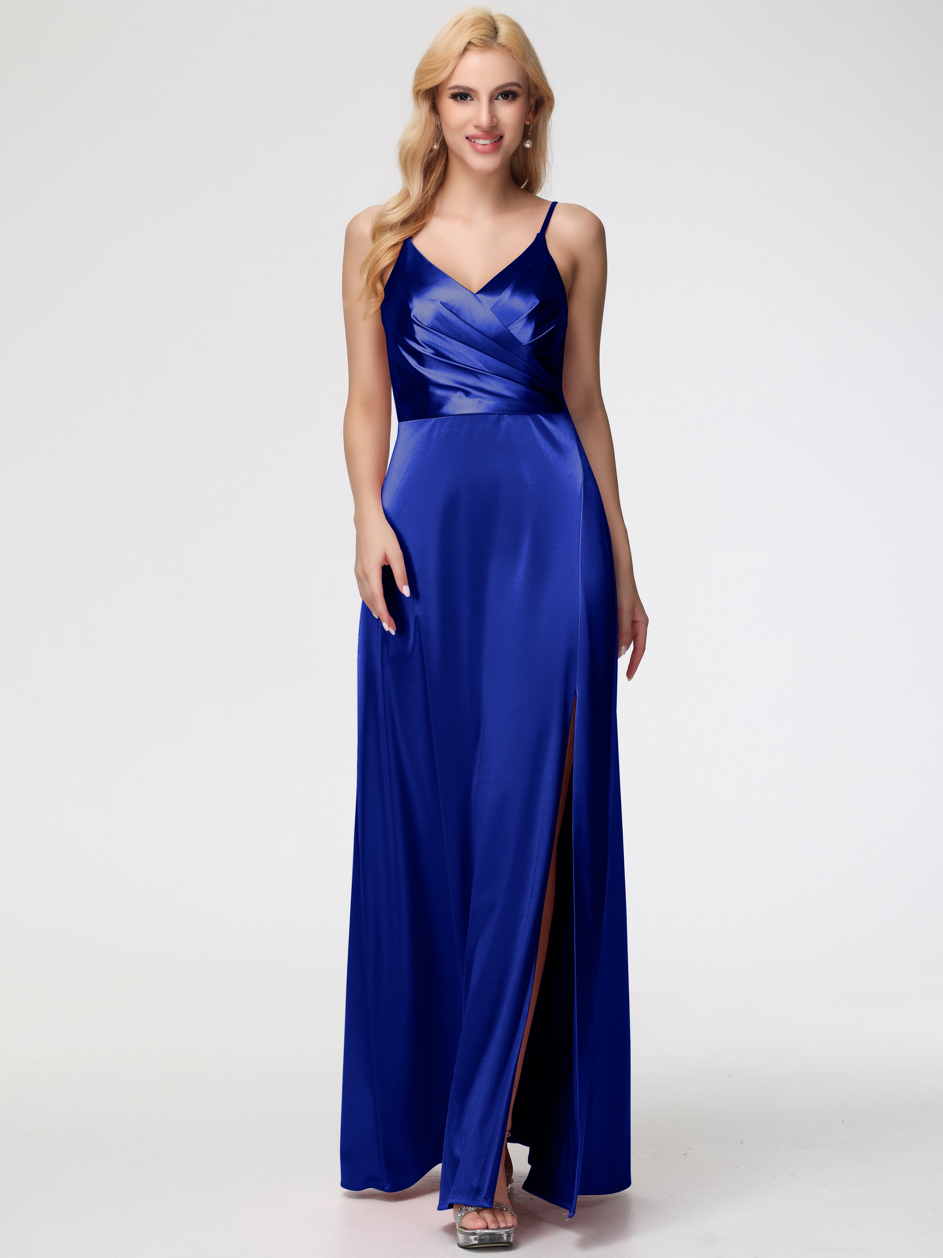 Demoiselle D'Honneur Bleu Royal Trapèze Fendue Col V Dos V Satin Extensible Robe De Demoiselle D'Honneur