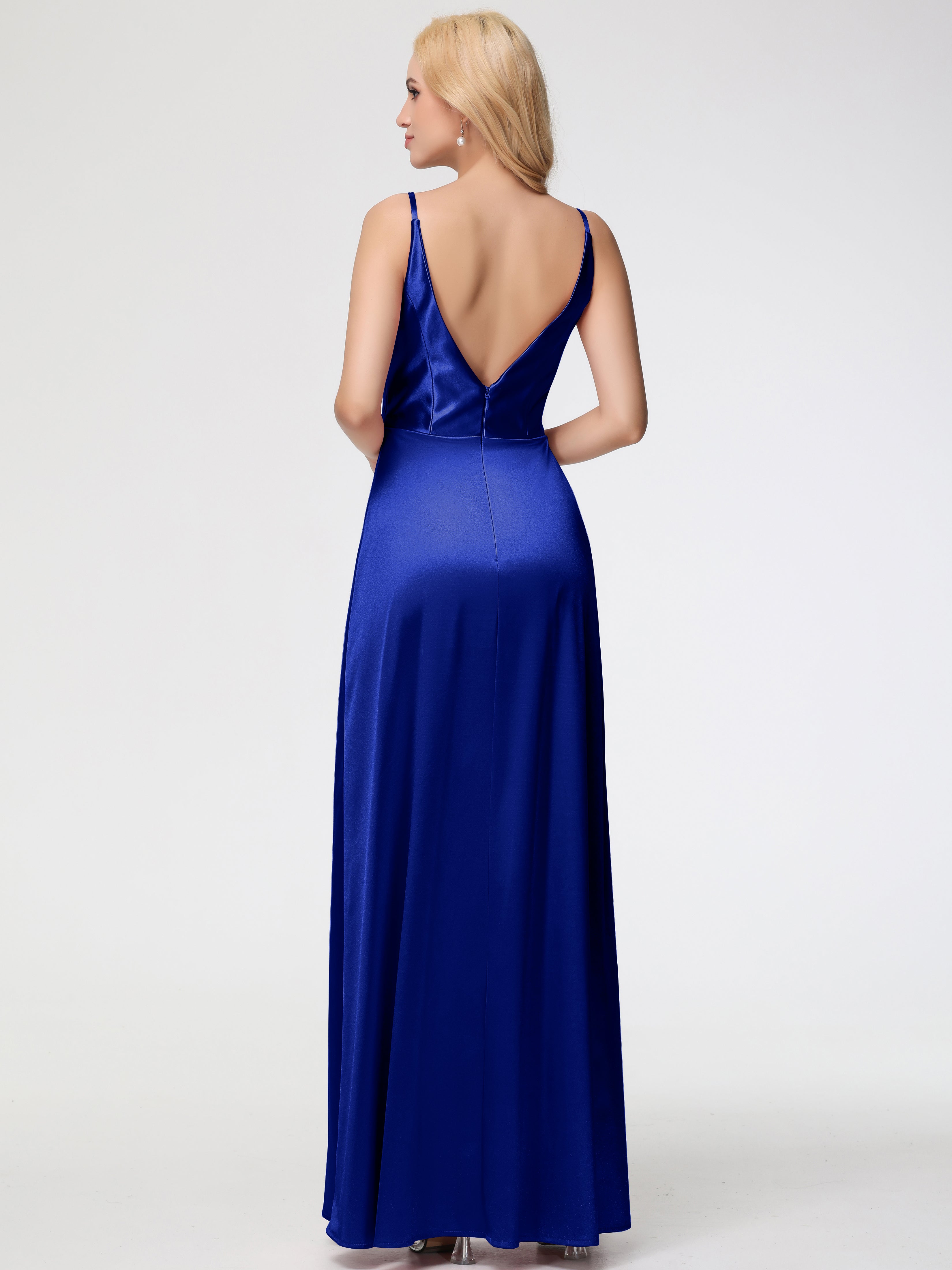 Demoiselle D'Honneur Bleu Royal Trapèze Fendue Col V Dos V Satin Extensible Robe De Demoiselle D'Honneur