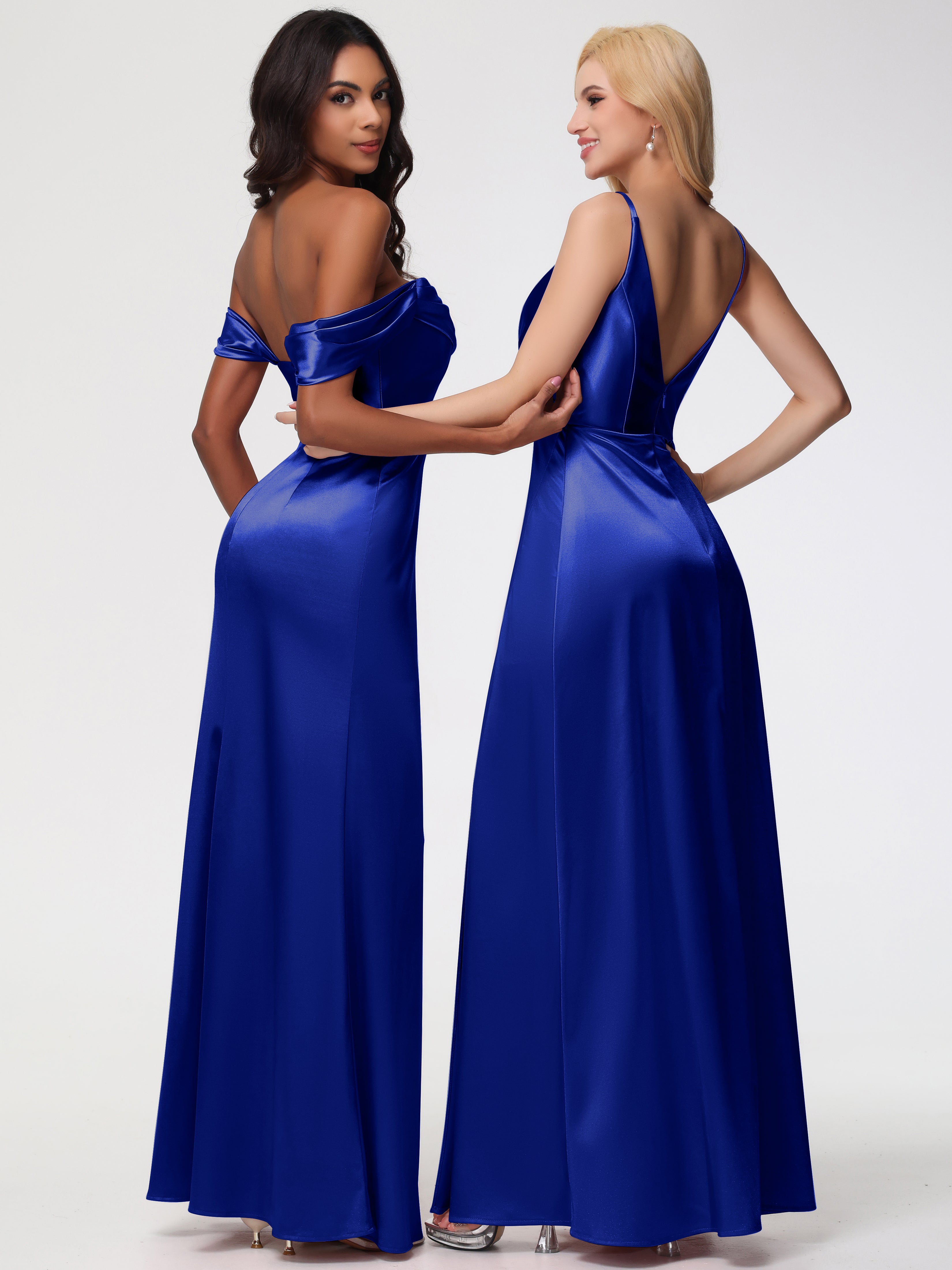 Demoiselle D'Honneur Bleu Royal Trapèze Fendue Col V Dos V Satin Extensible Robe De Demoiselle D'Honneur