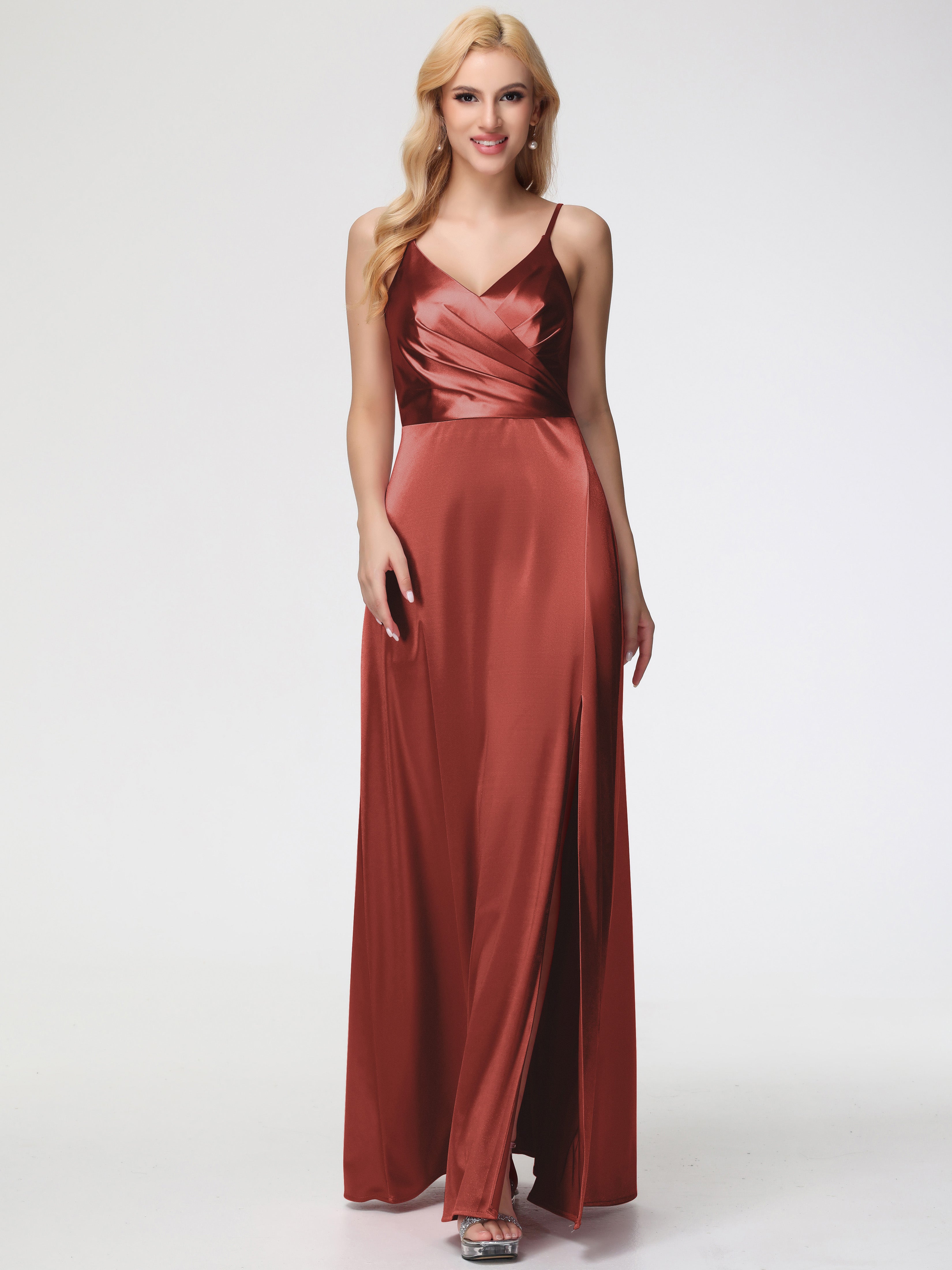 Robes De Demoiselle D'Honneur Couleur Rouille Trapèze Fendue Col V Dos V Satin Extensible Robe De Demoiselle D'Honneur