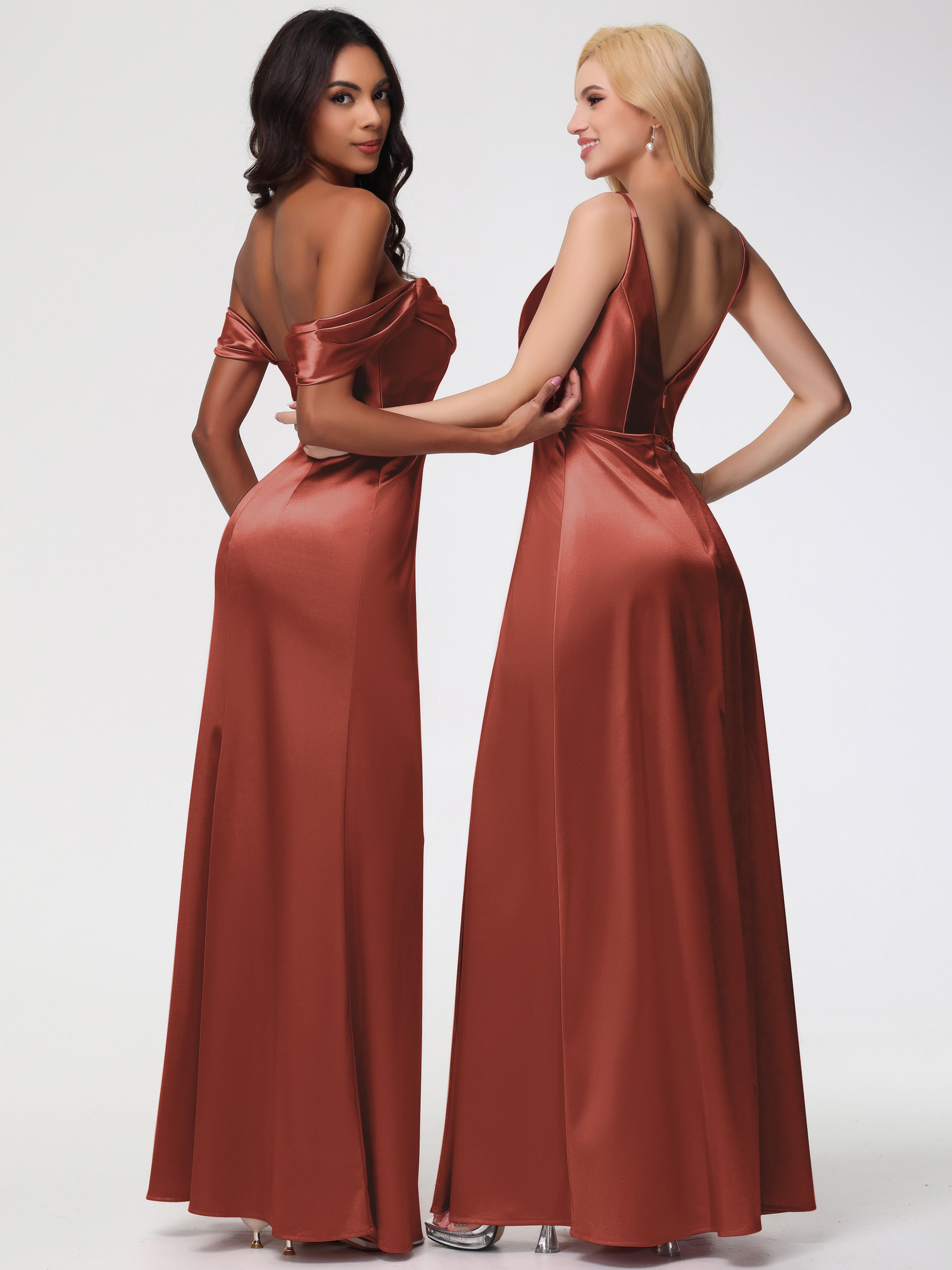 Robes De Demoiselle D'Honneur Couleur Rouille Trapèze Fendue Col V Dos V Satin Extensible Robe De Demoiselle D'Honneur