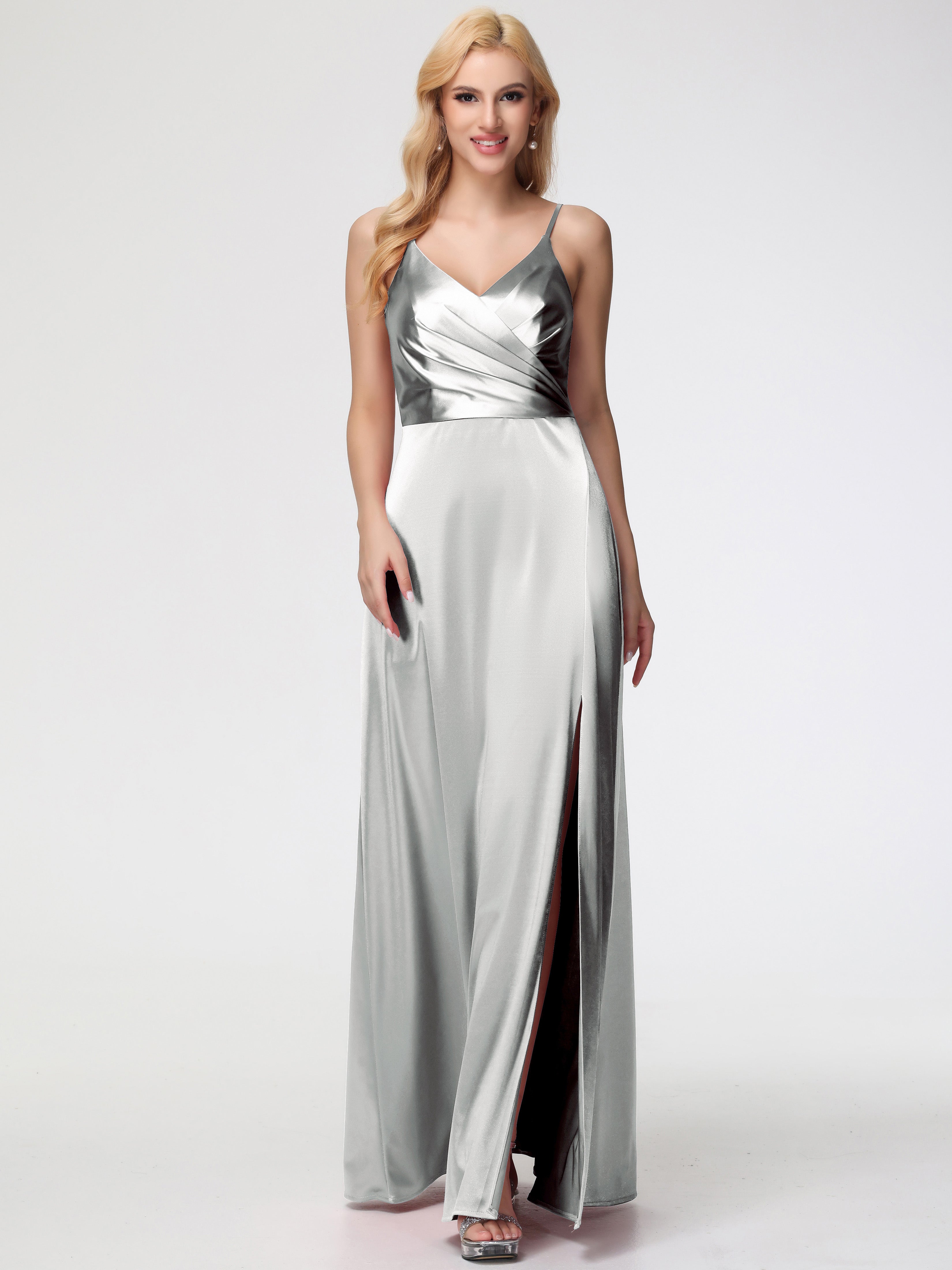 Robes De Demoiselle D'Honneur En Argent Trapèze Fendue Col V Dos V Satin Extensible Robe De Demoiselle D'Honneur