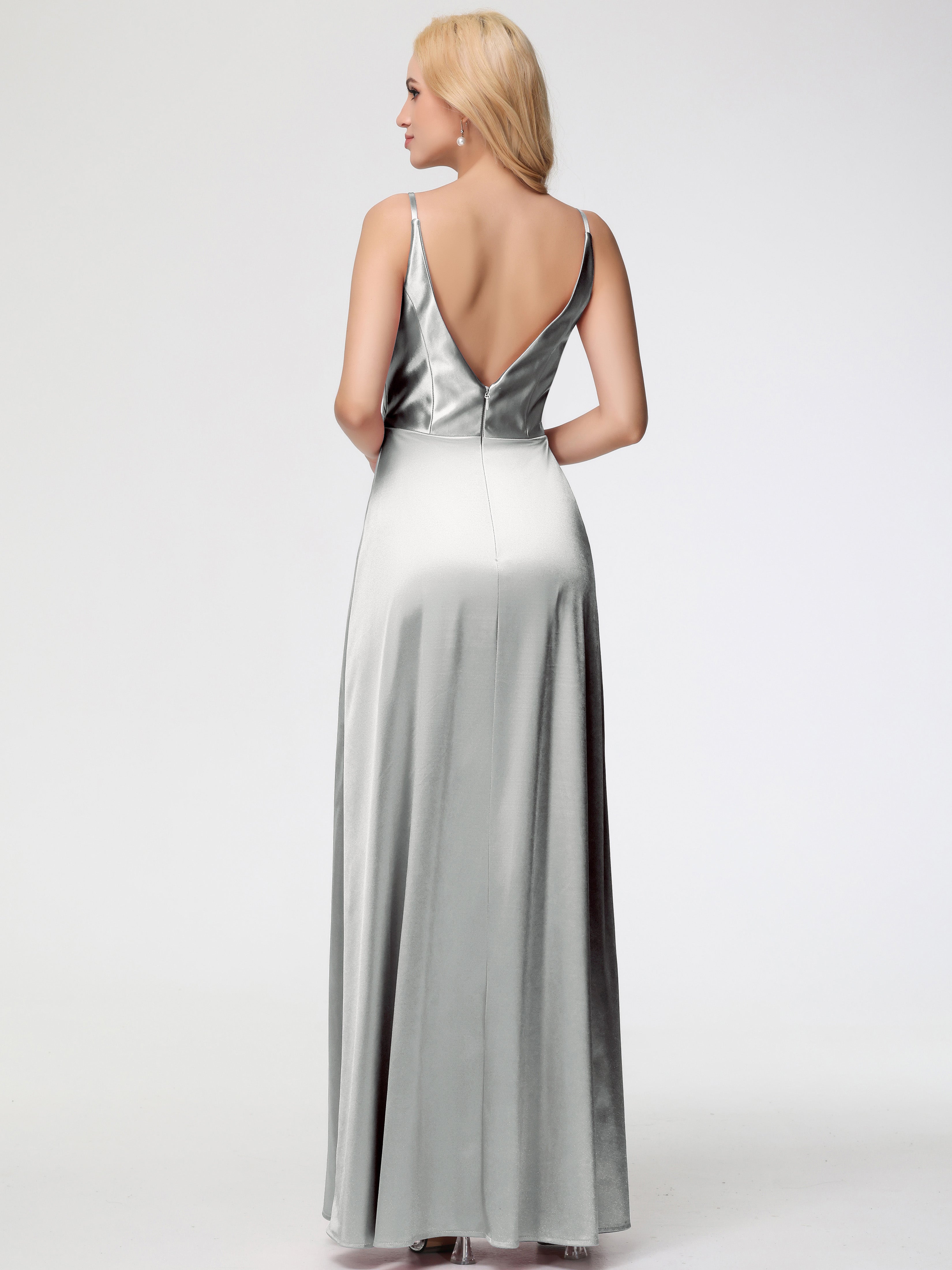 Robes De Demoiselle D'Honneur En Argent Trapèze Fendue Col V Dos V Satin Extensible Robe De Demoiselle D'Honneur