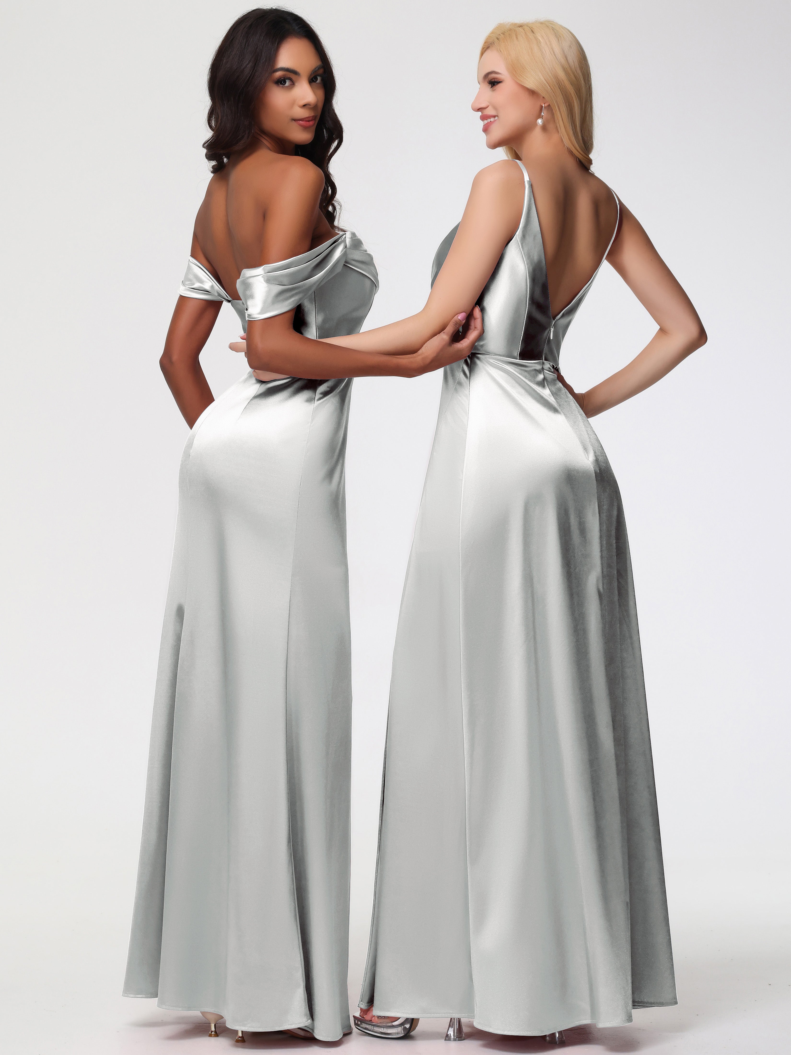 Robes De Demoiselle D'Honneur En Argent Trapèze Fendue Col V Dos V Satin Extensible Robe De Demoiselle D'Honneur