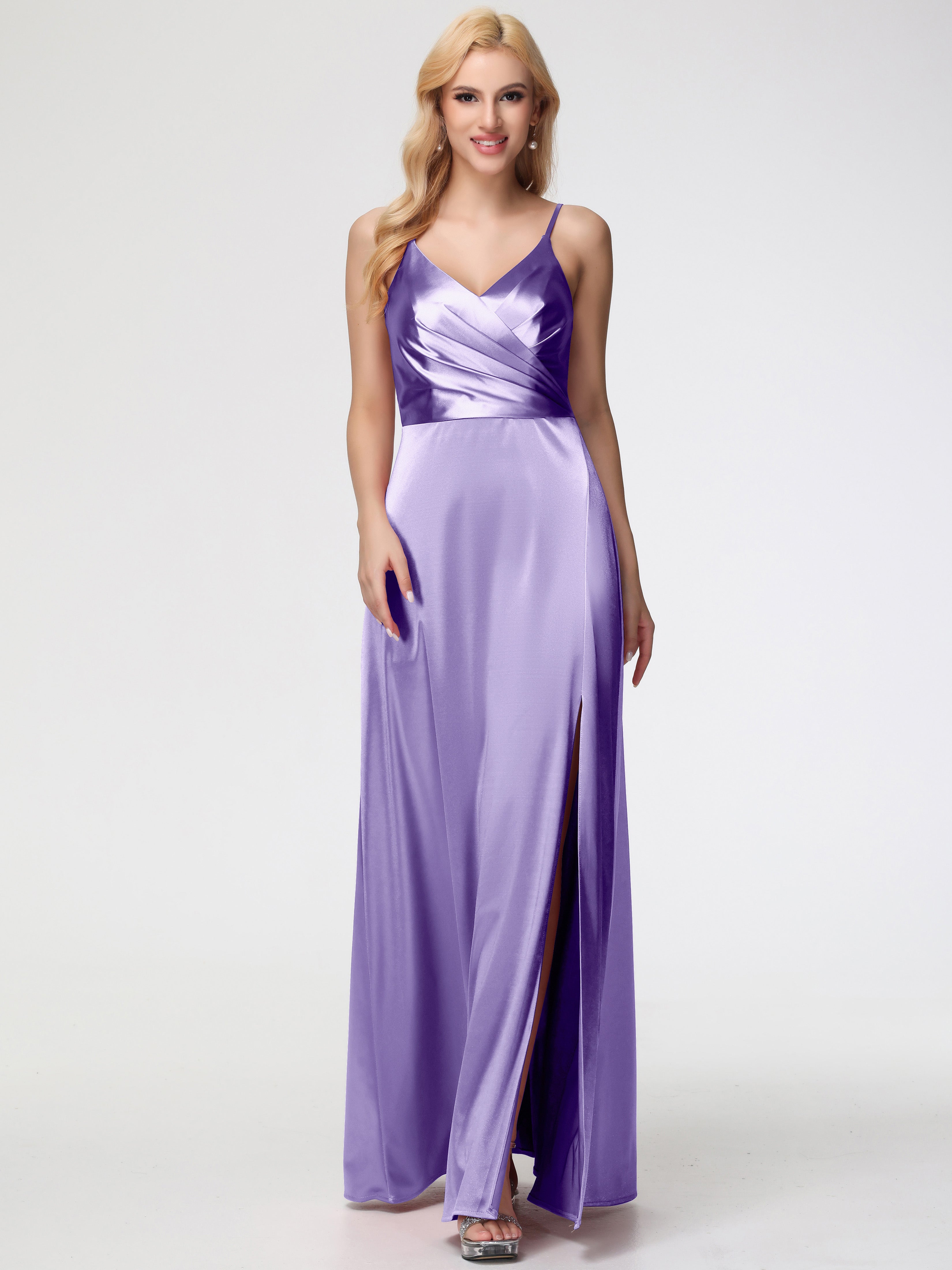 Robes De Demoiselle D'Honneur Tahiti Trapèze Fendue Col V Dos V Satin Extensible Robe De Demoiselle D'Honneur