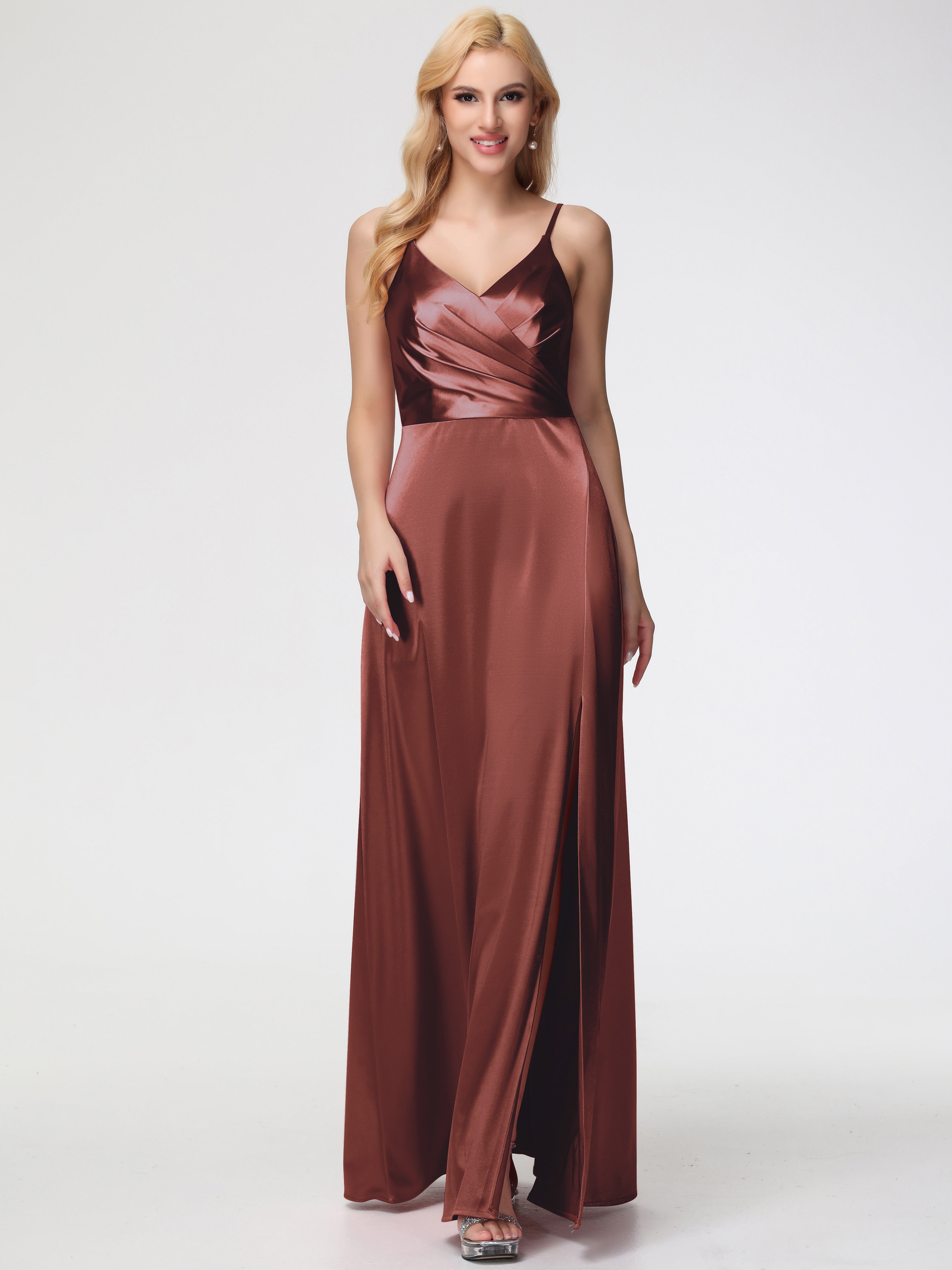 Rouille Robe Demoiselle D Honneur Terracotta Trapèze Fendue Col V Dos V Satin Extensible Robe De Demoiselle D'Honneur