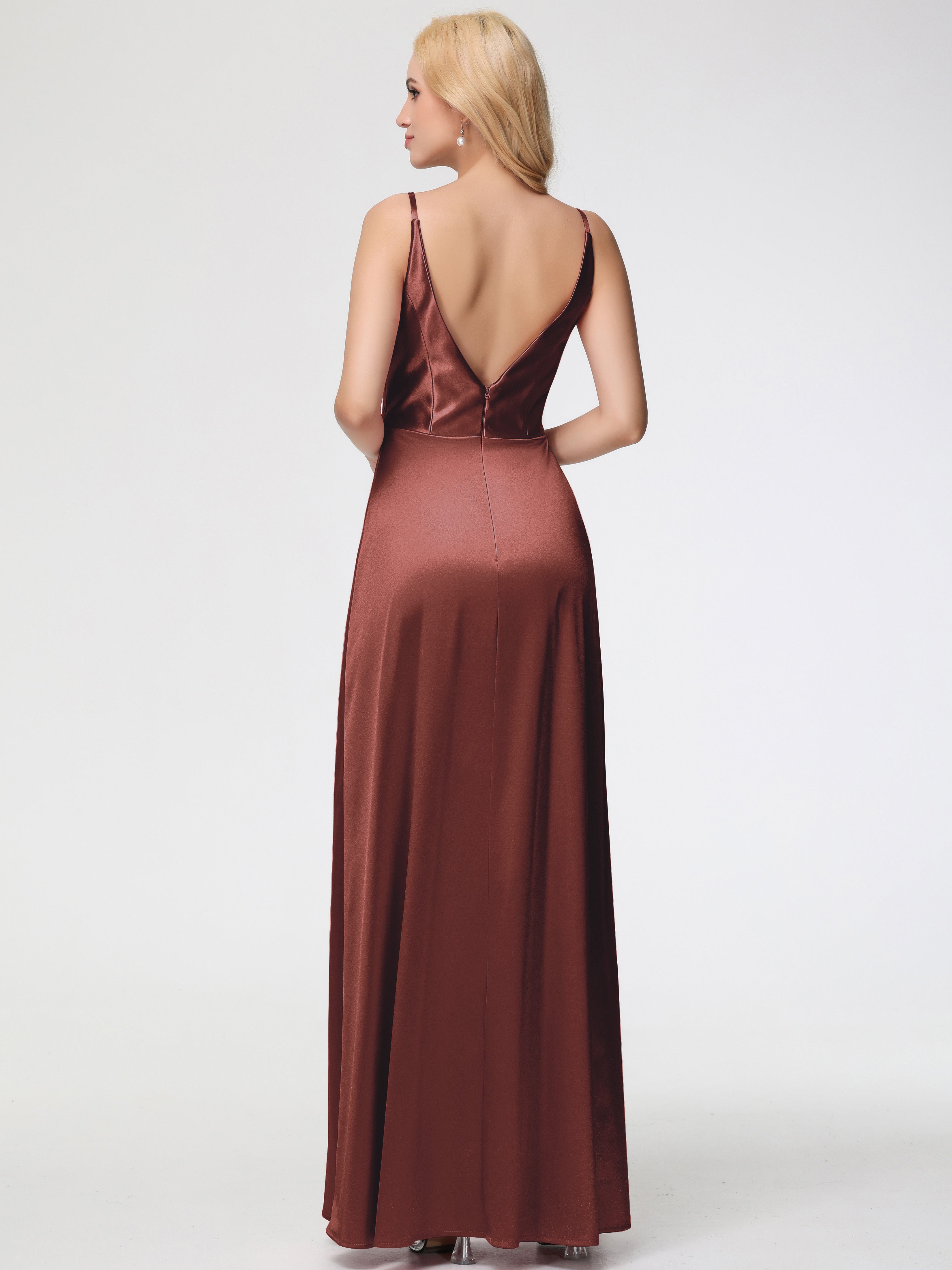 Rouille Robe Demoiselle D Honneur Terracotta Trapèze Fendue Col V Dos V Satin Extensible Robe De Demoiselle D'Honneur