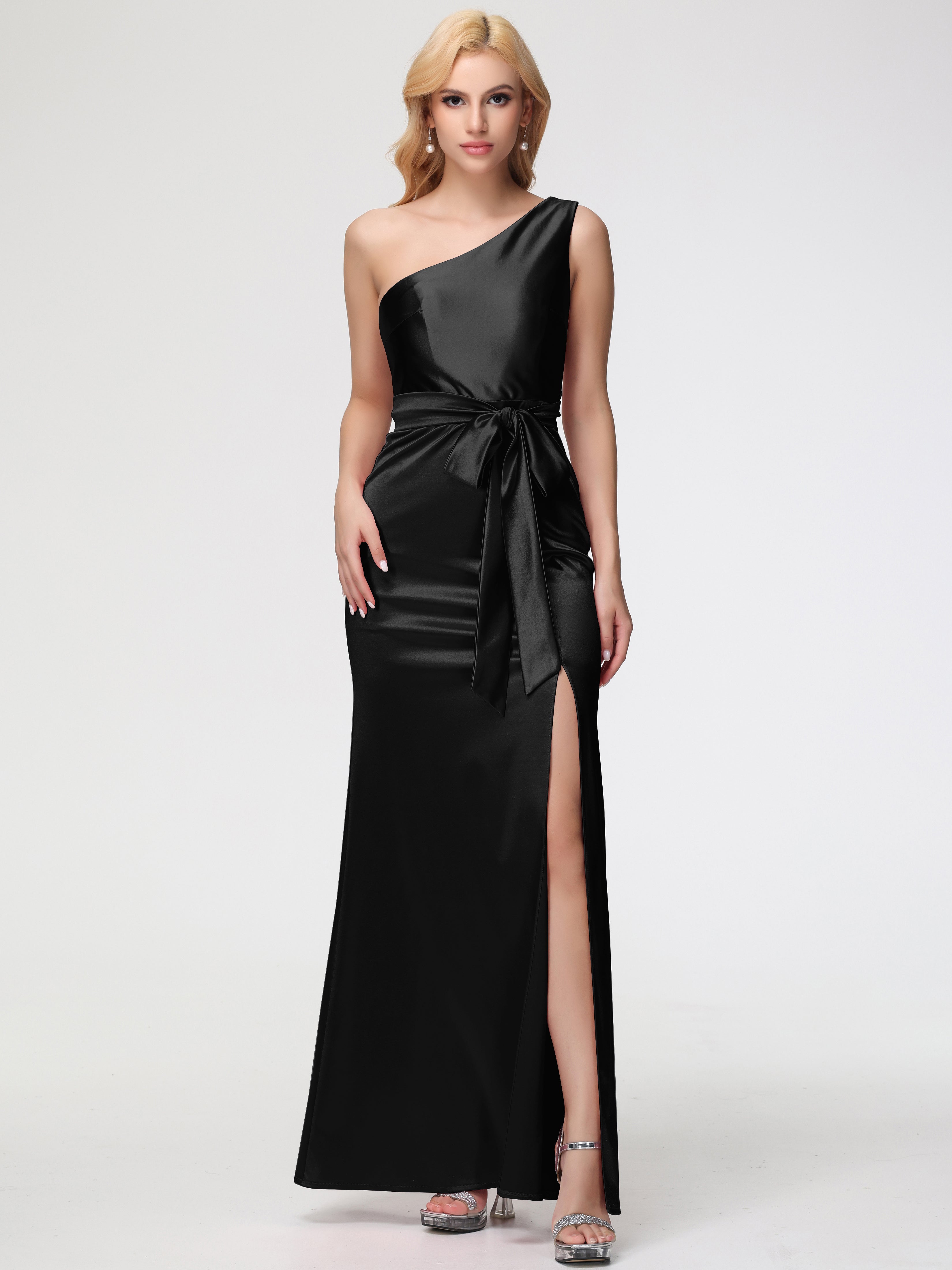 Robe Noir Demoiselle D Honneur Seule-épaule Satin Extensible Fendue Robe De Demoiselle D'Honneur Robe à Lacets