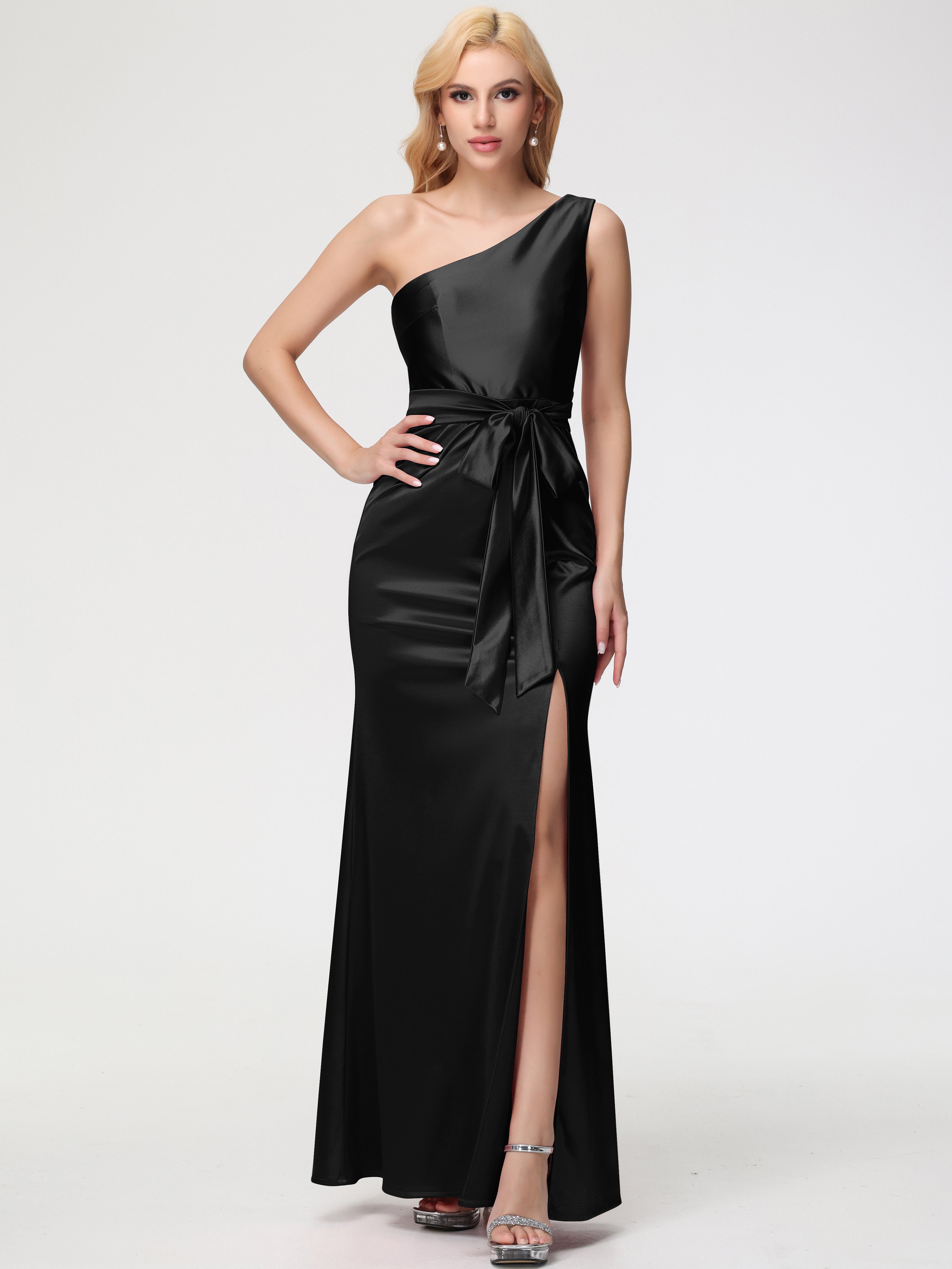 Robe Noir Demoiselle D Honneur Seule-épaule Satin Extensible Fendue Robe De Demoiselle D'Honneur Robe à Lacets