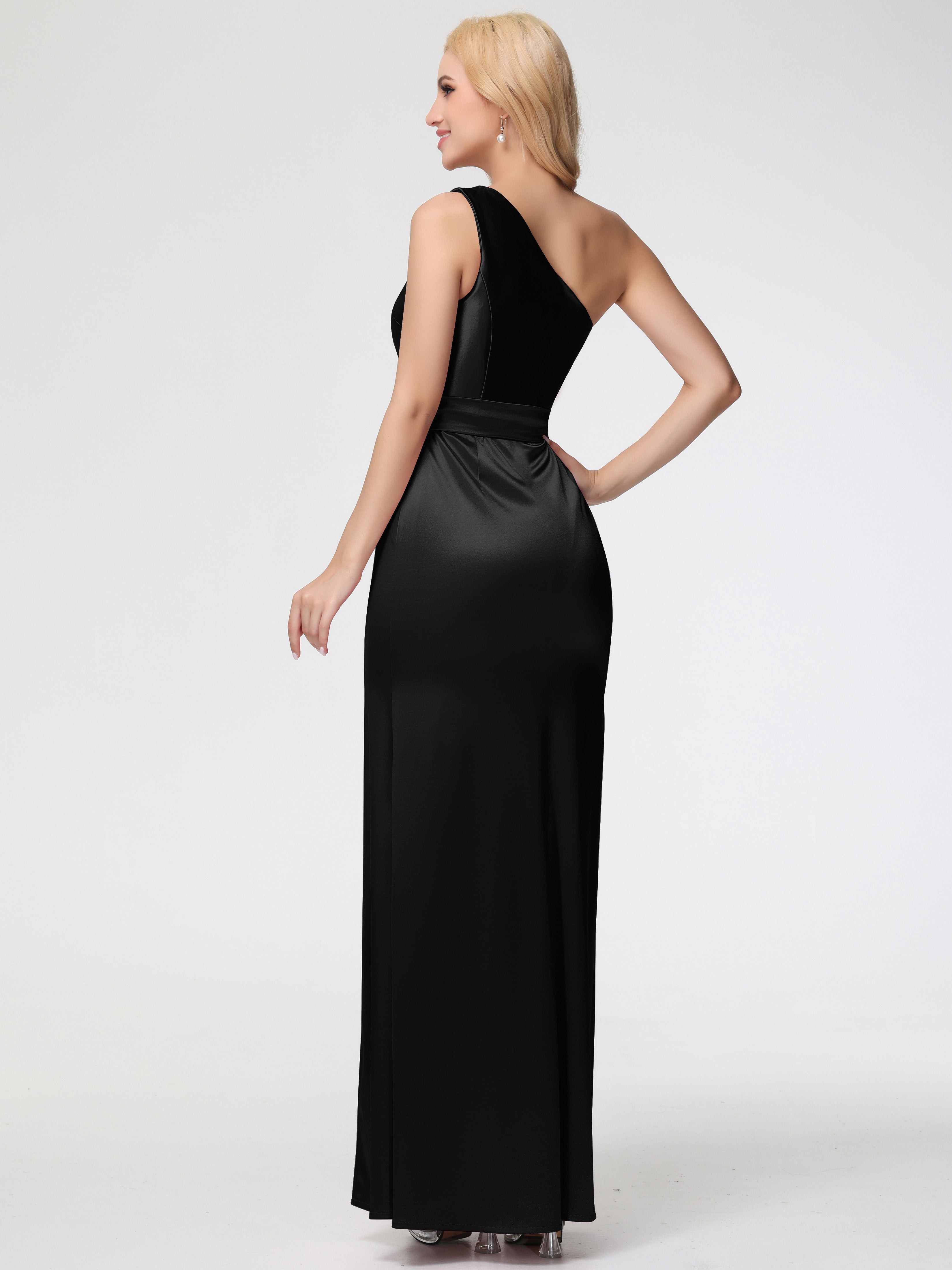 Robe Noir Demoiselle D Honneur Seule-épaule Satin Extensible Fendue Robe De Demoiselle D'Honneur Robe à Lacets
