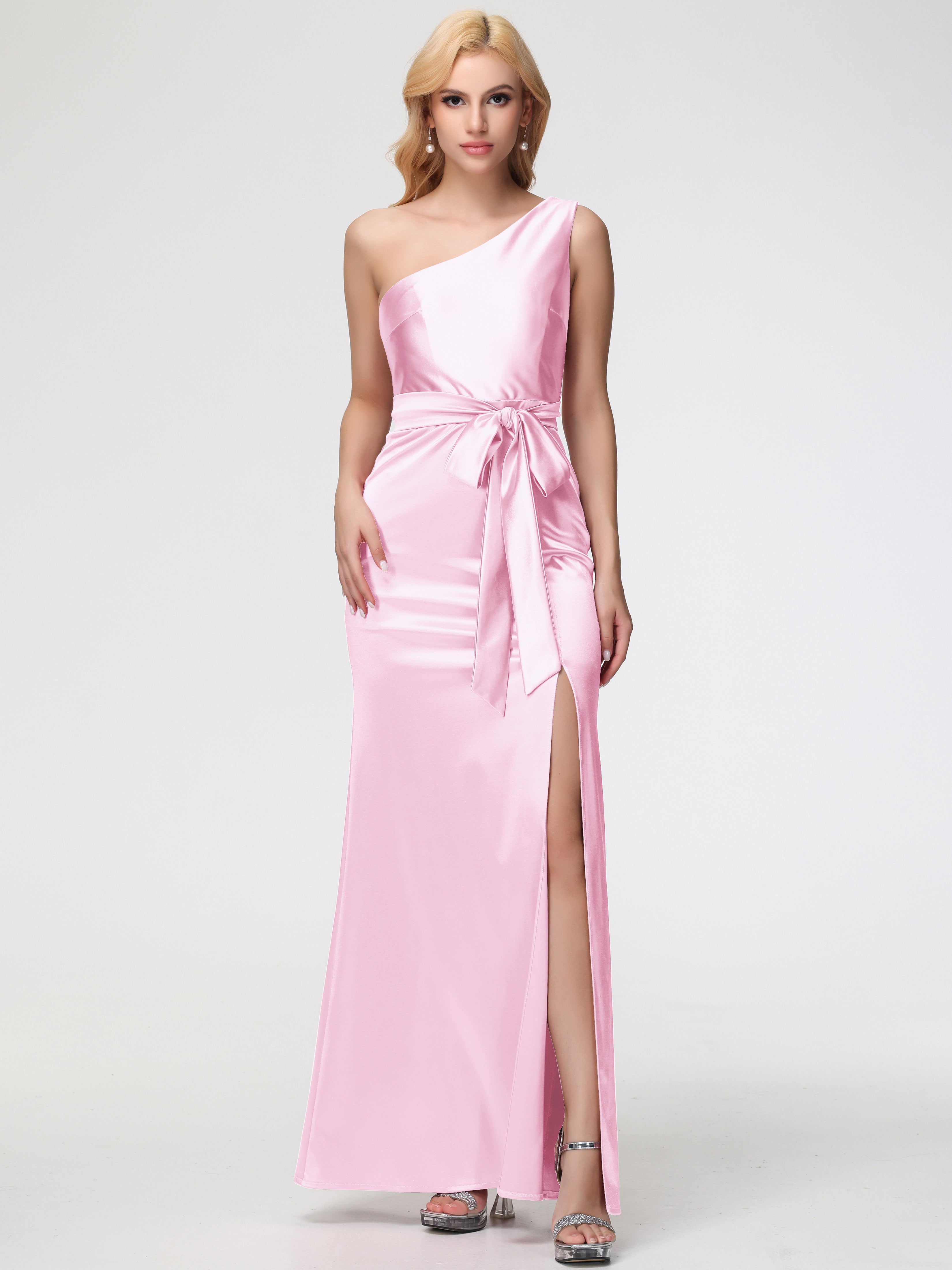 Demoiselle D Honneur ROSE PÂLE Seule-épaule Satin Extensible Fendue Robe De Demoiselle D'Honneur Robe à Lacets