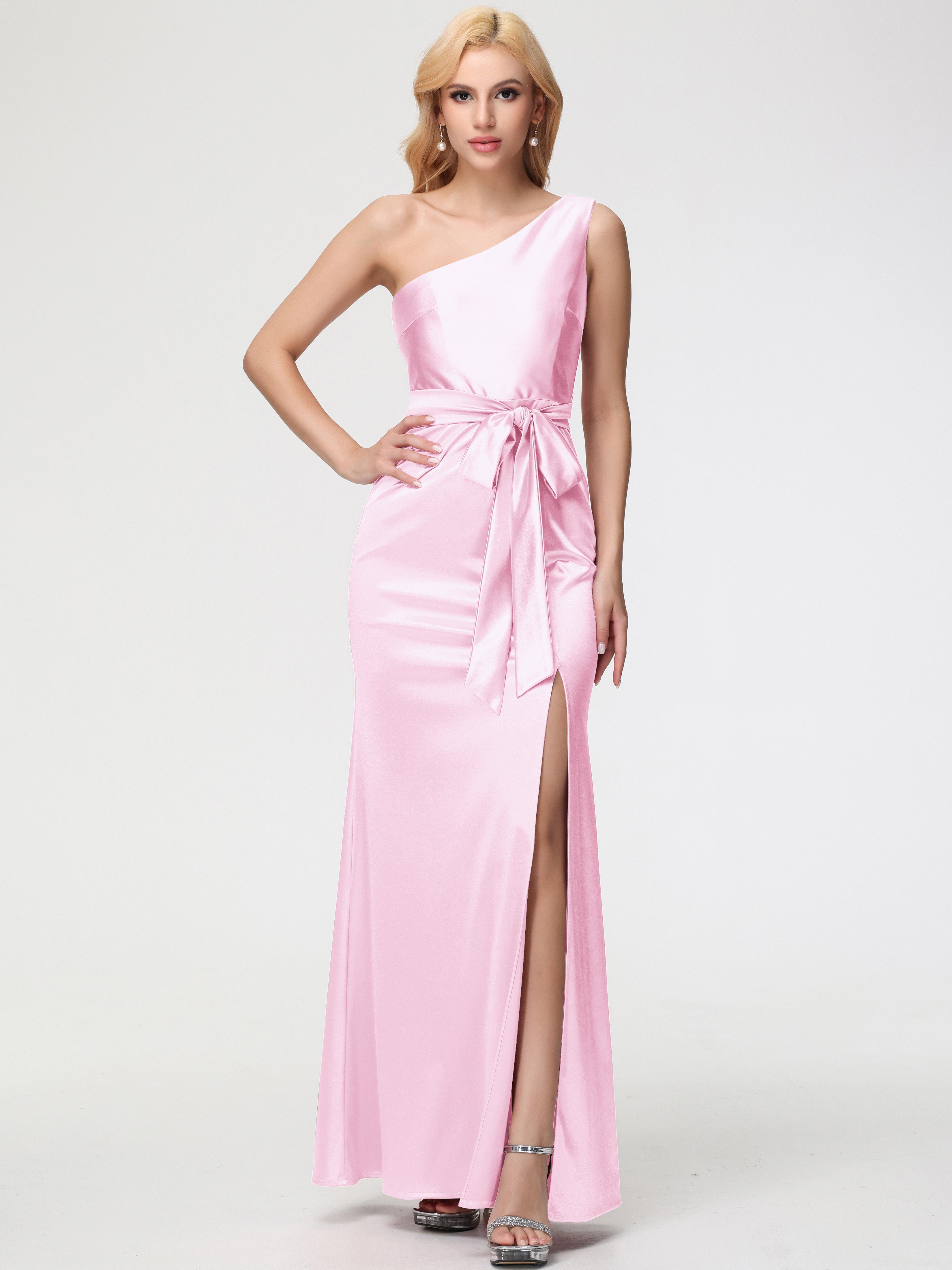 Demoiselle D Honneur ROSE PÂLE Seule-épaule Satin Extensible Fendue Robe De Demoiselle D'Honneur Robe à Lacets