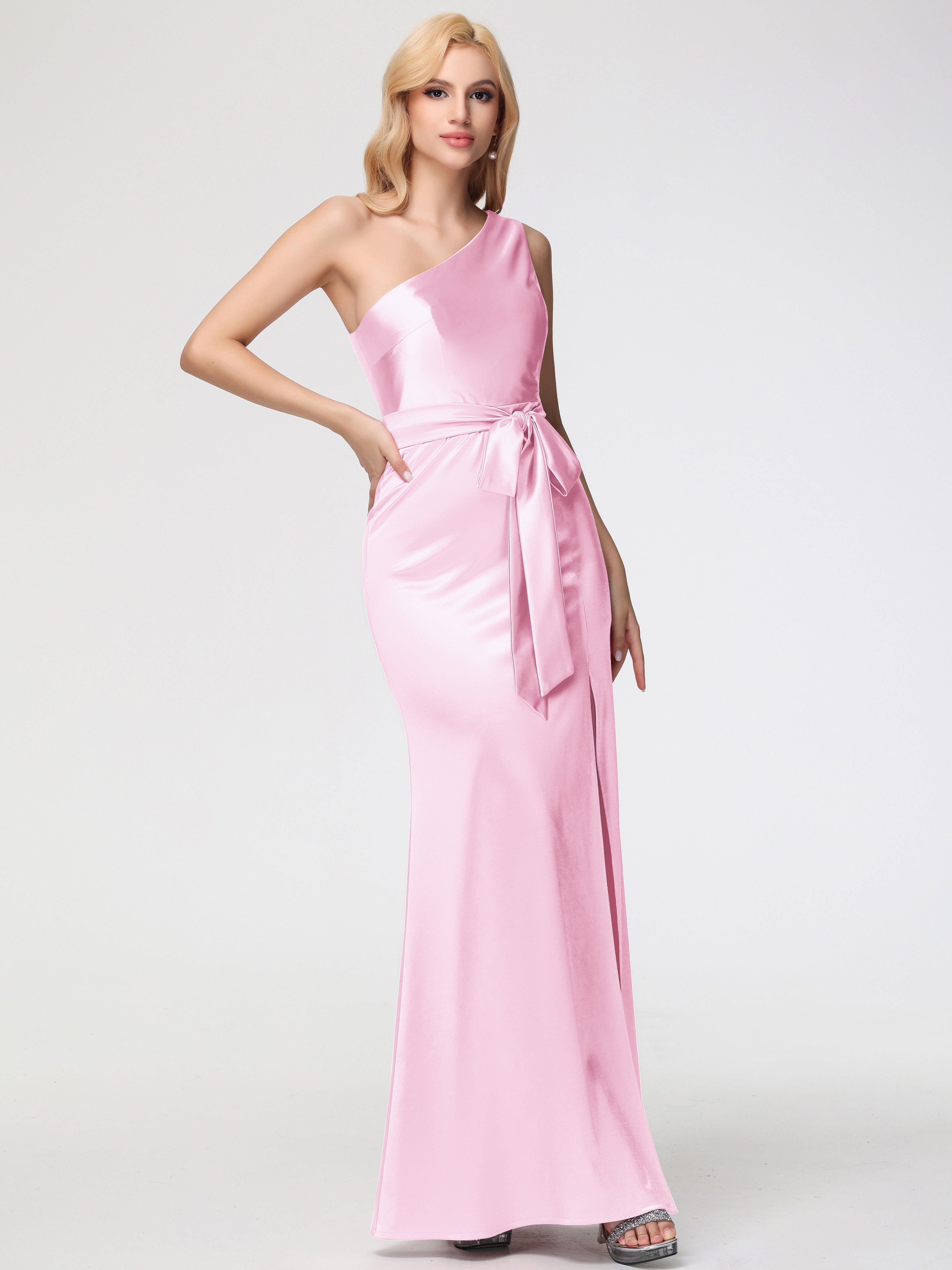 Demoiselle D Honneur ROSE PÂLE Seule-épaule Satin Extensible Fendue Robe De Demoiselle D'Honneur Robe à Lacets