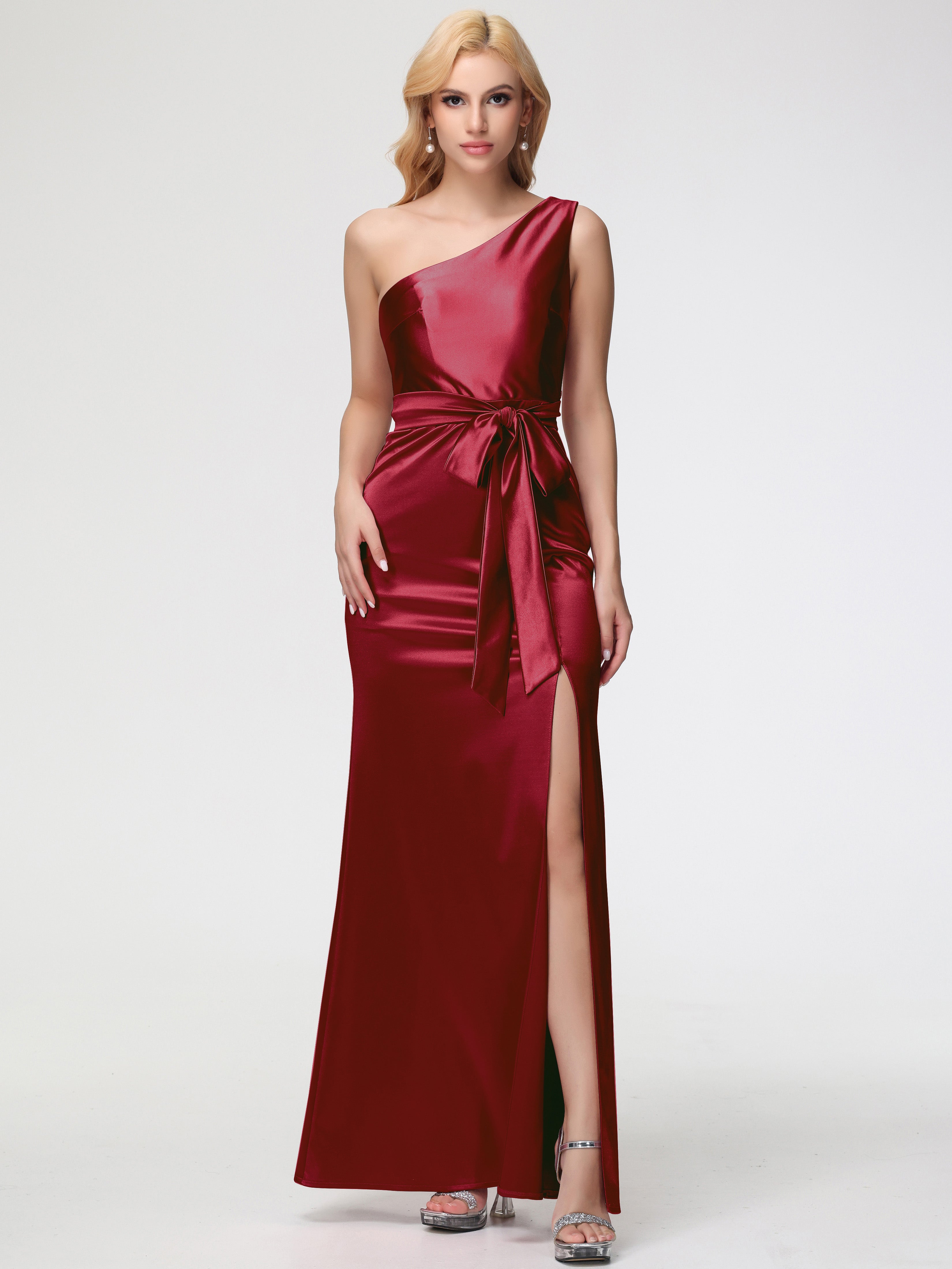 Robes Demoiselle D Honneur Bordeaux Seule-épaule Satin Extensible Fendue Robe De Demoiselle D'Honneur Robe à Lacets