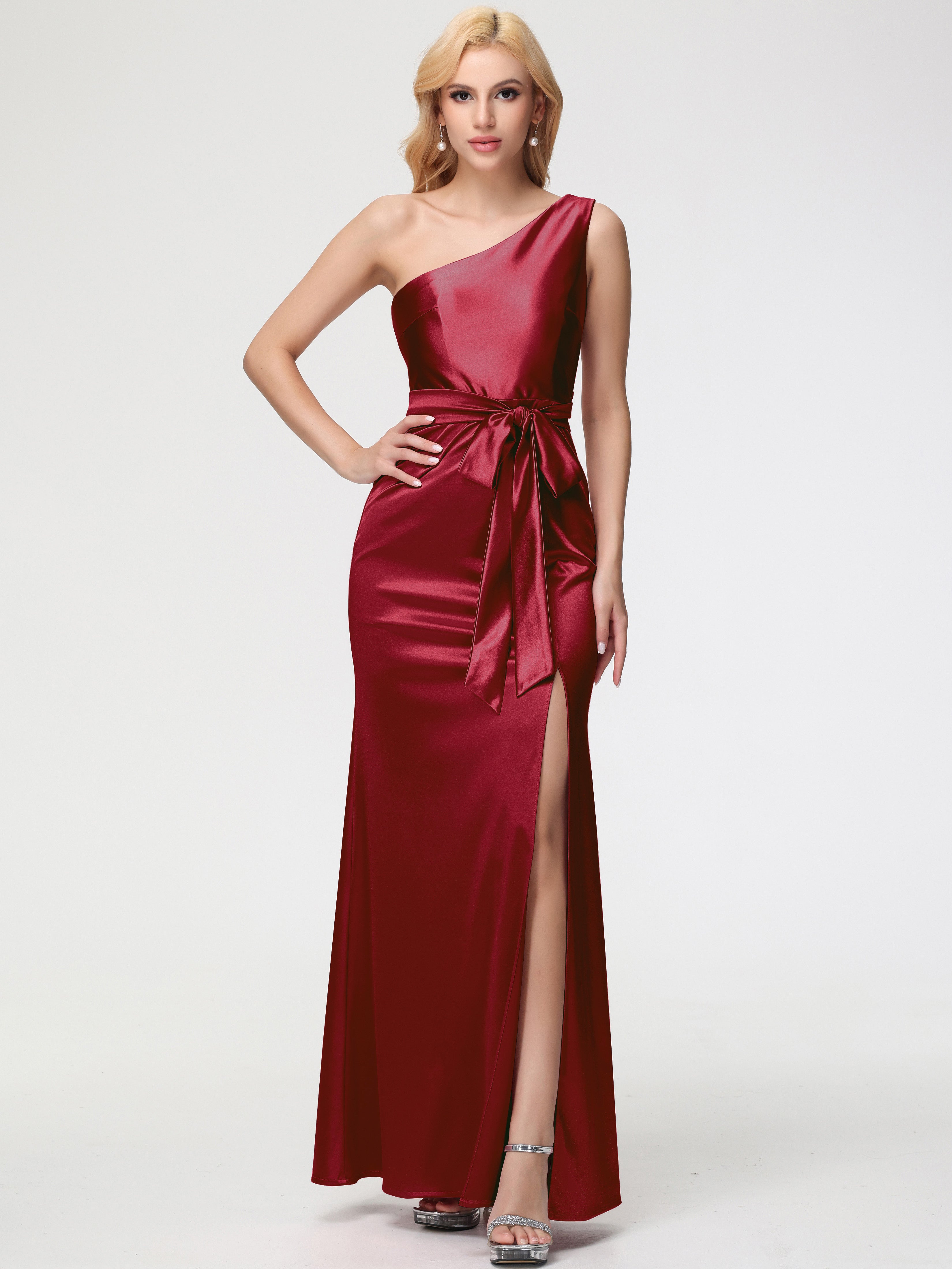 Robes Demoiselle D Honneur Bordeaux Seule-épaule Satin Extensible Fendue Robe De Demoiselle D'Honneur Robe à Lacets