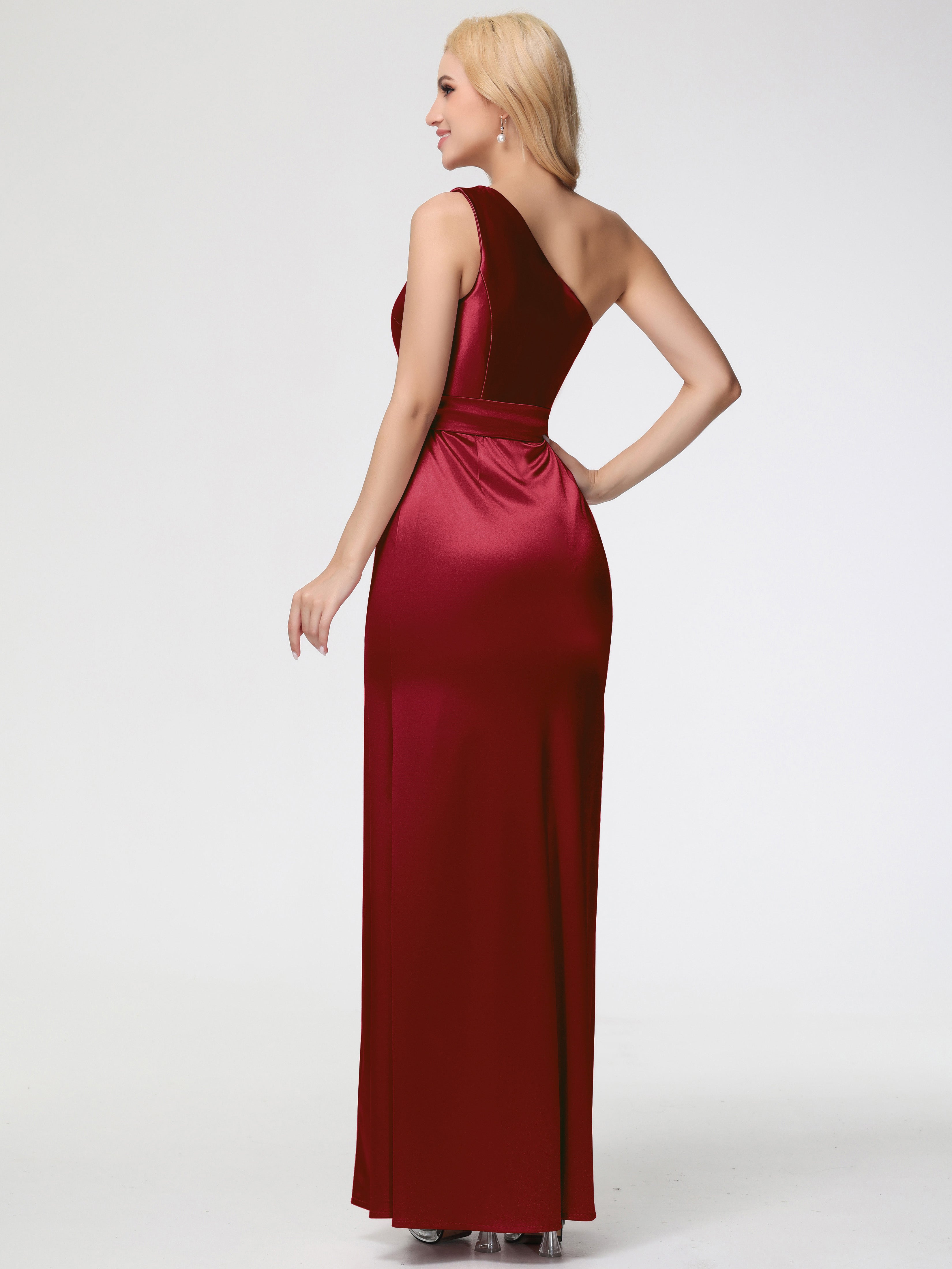 Robes Demoiselle D Honneur Bordeaux Seule-épaule Satin Extensible Fendue Robe De Demoiselle D'Honneur Robe à Lacets