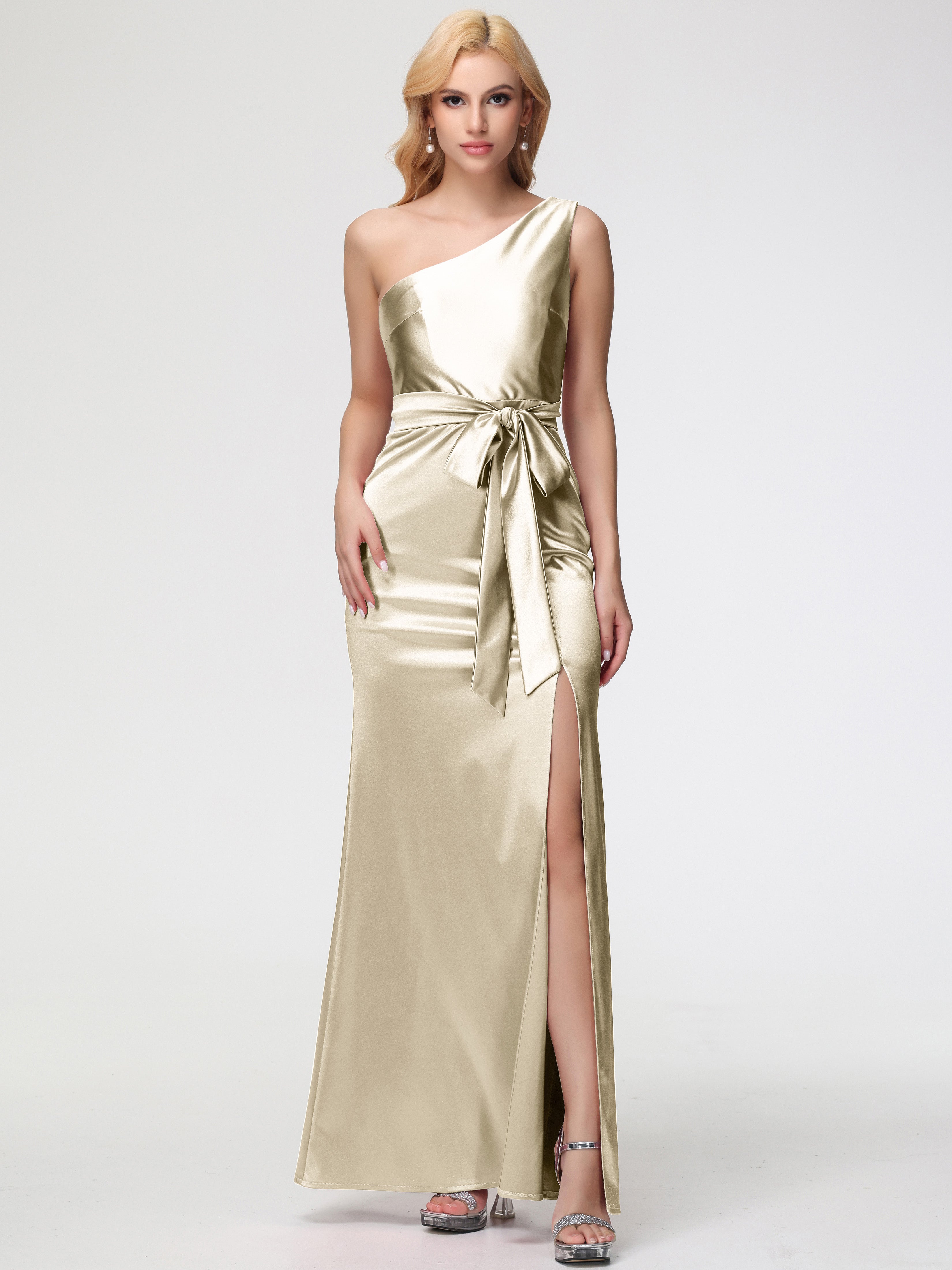 Robe Couleur Champagne Demoiselle D Honneur Seule-épaule Satin Extensible Fendue Robe De Demoiselle D'Honneur Robe à Lacets