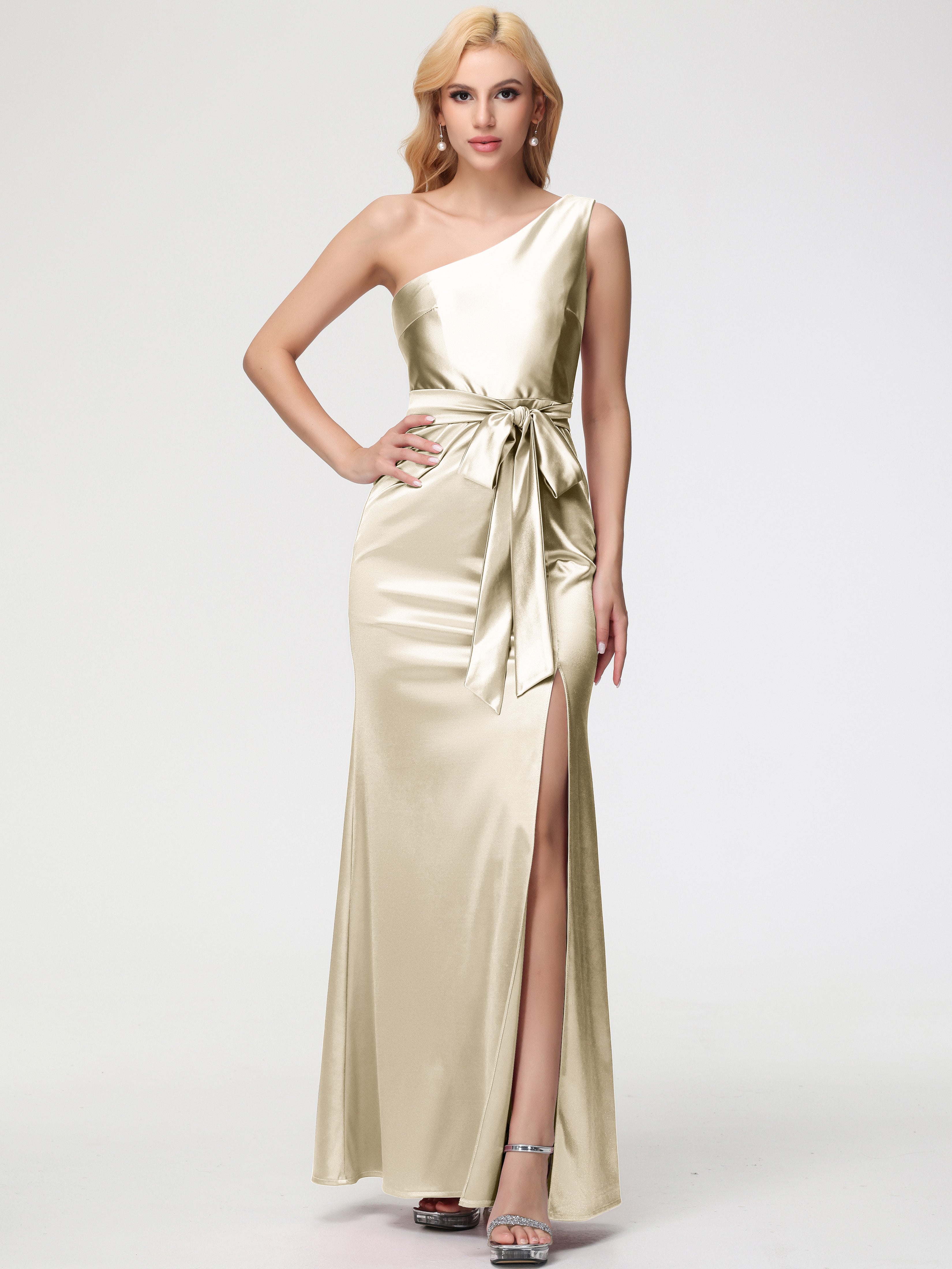 Robe Couleur Champagne Demoiselle D Honneur Seule-épaule Satin Extensible Fendue Robe De Demoiselle D'Honneur Robe à Lacets