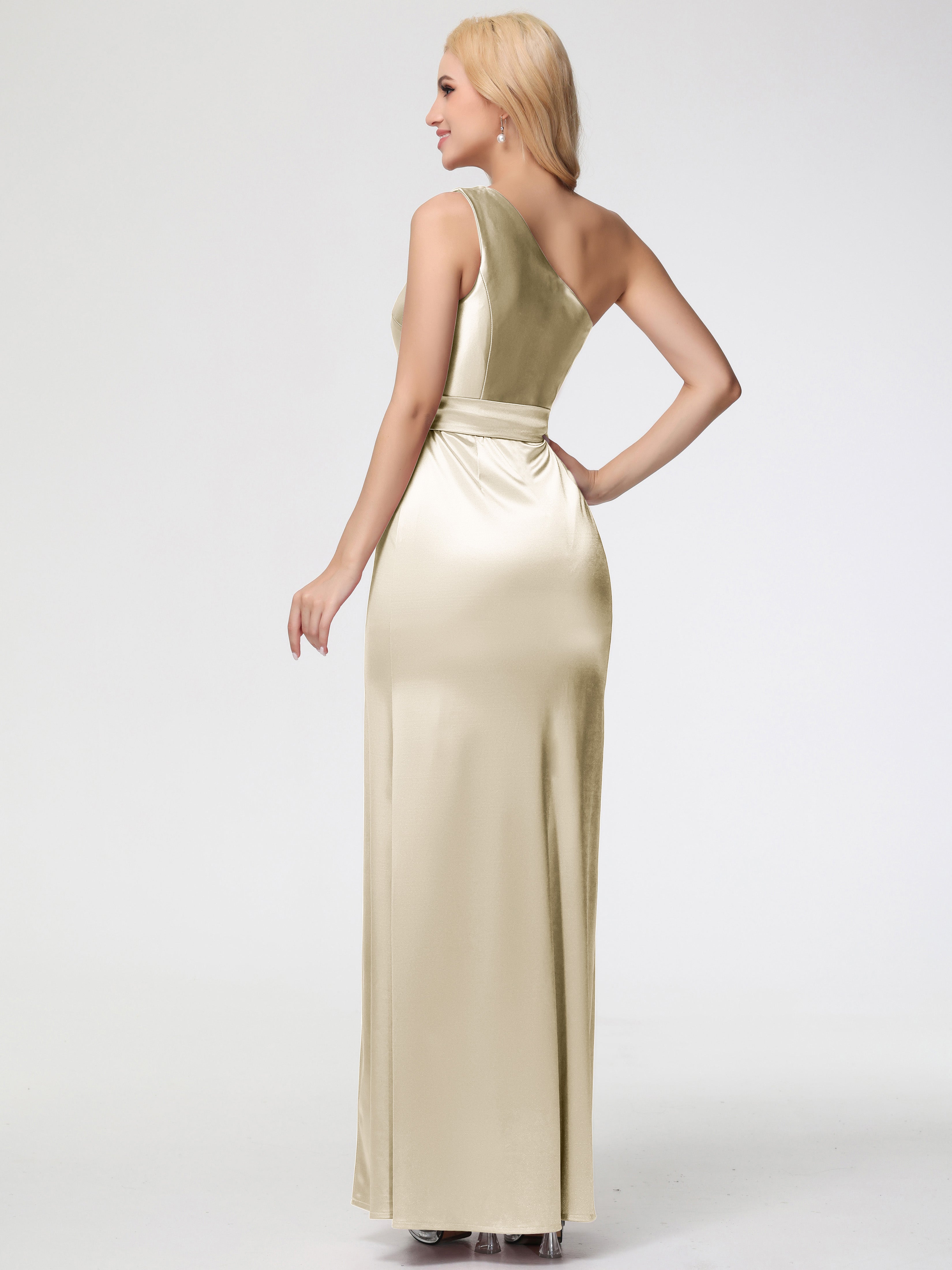 Robe Couleur Champagne Demoiselle D Honneur Seule-épaule Satin Extensible Fendue Robe De Demoiselle D'Honneur Robe à Lacets