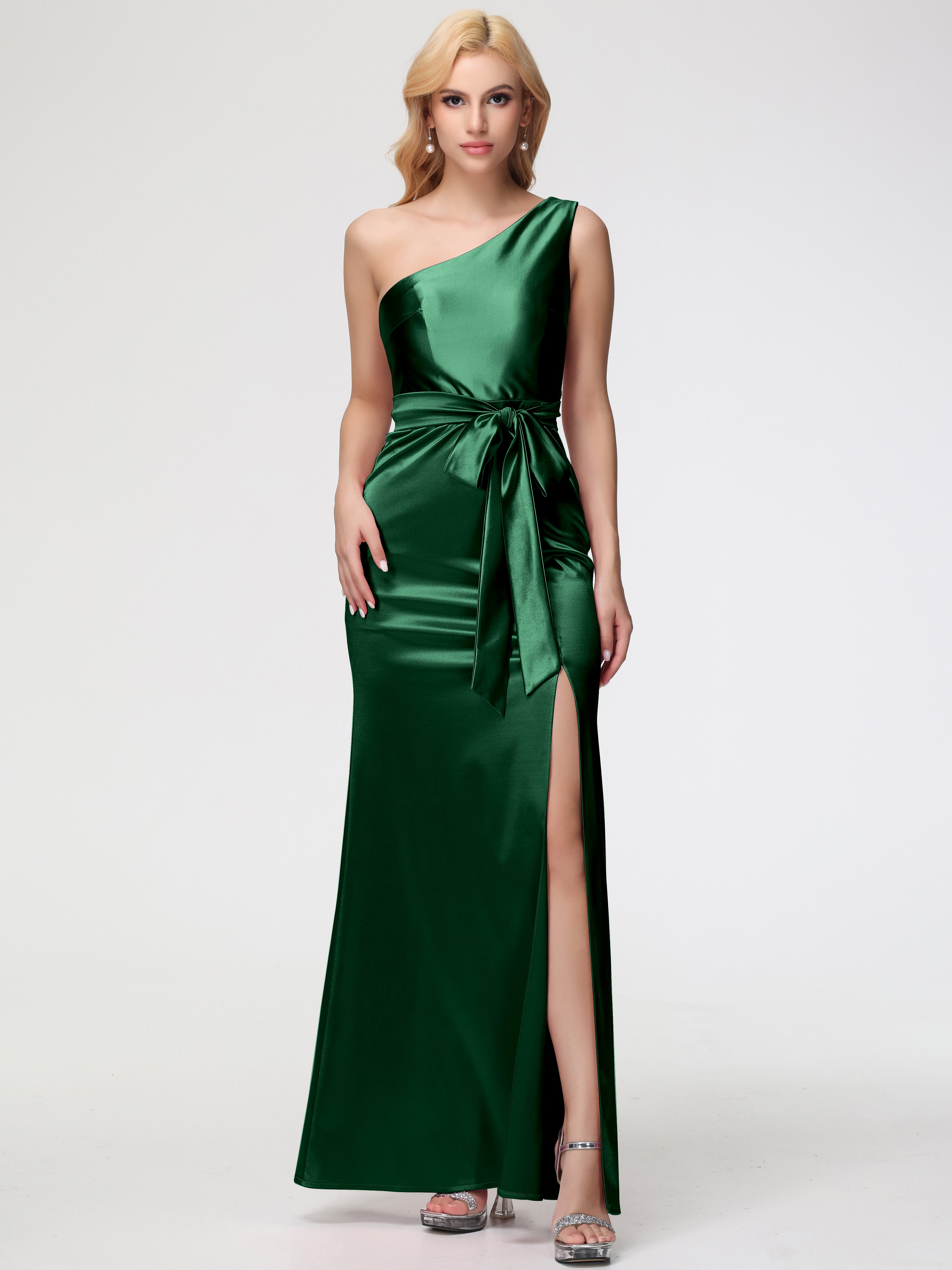 Robe Demoiselle D Honneur VERT FONCÉ Seule-épaule Satin Extensible Fendue Robe De Demoiselle D'Honneur Robe à Lacets