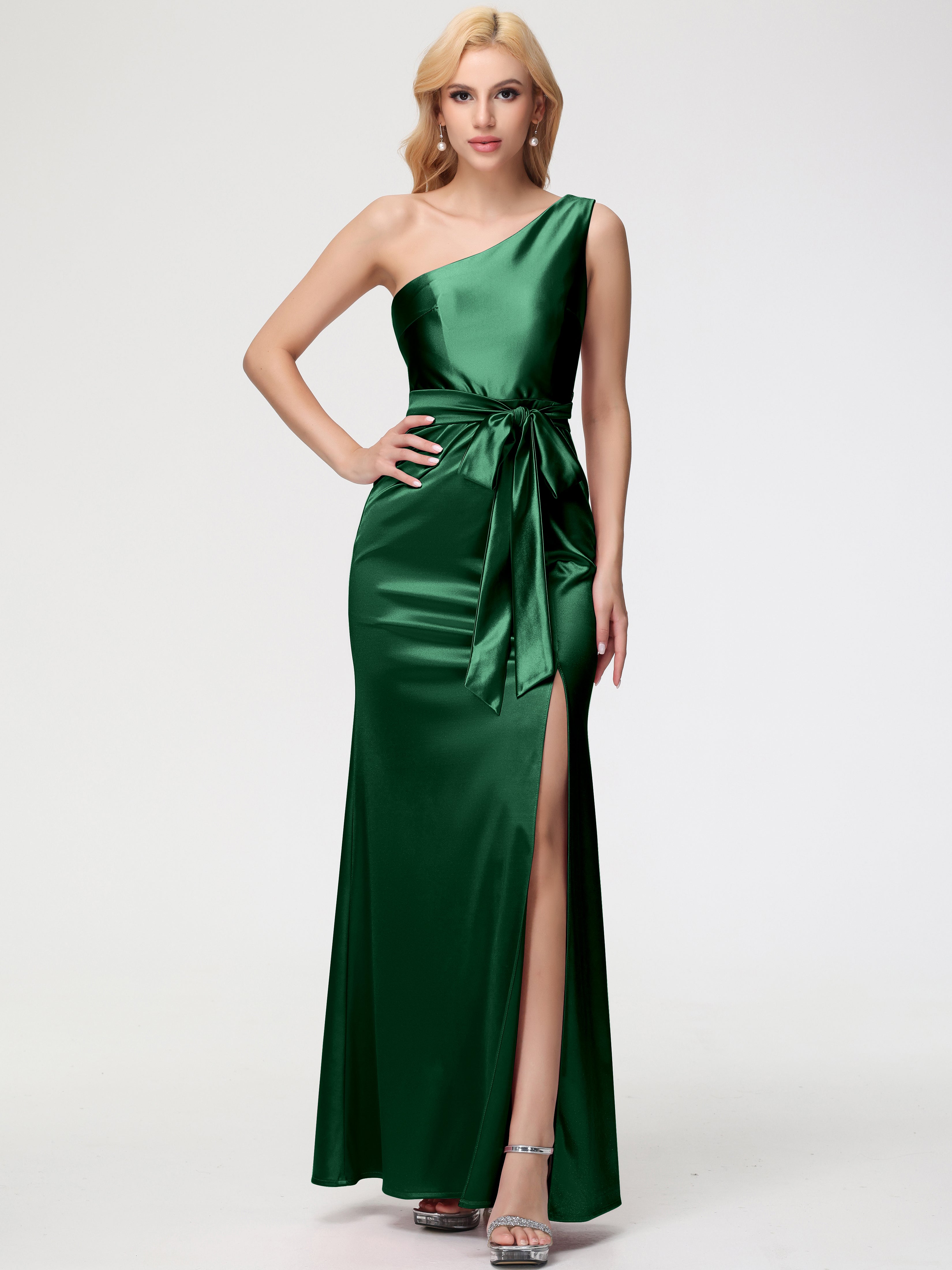 Robe Demoiselle D Honneur VERT FONCÉ Seule-épaule Satin Extensible Fendue Robe De Demoiselle D'Honneur Robe à Lacets