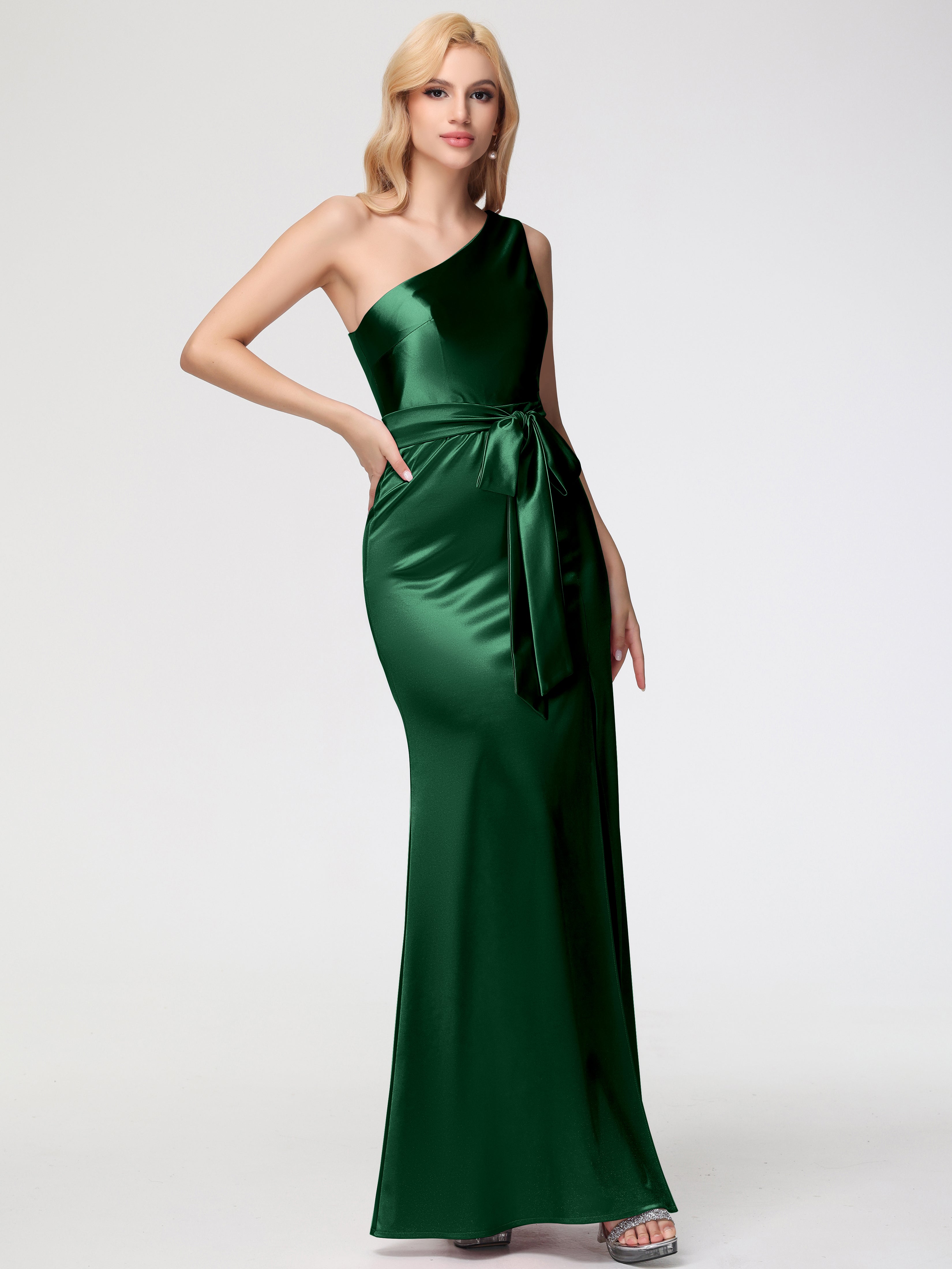 Robe Demoiselle D Honneur VERT FONCÉ Seule-épaule Satin Extensible Fendue Robe De Demoiselle D'Honneur Robe à Lacets