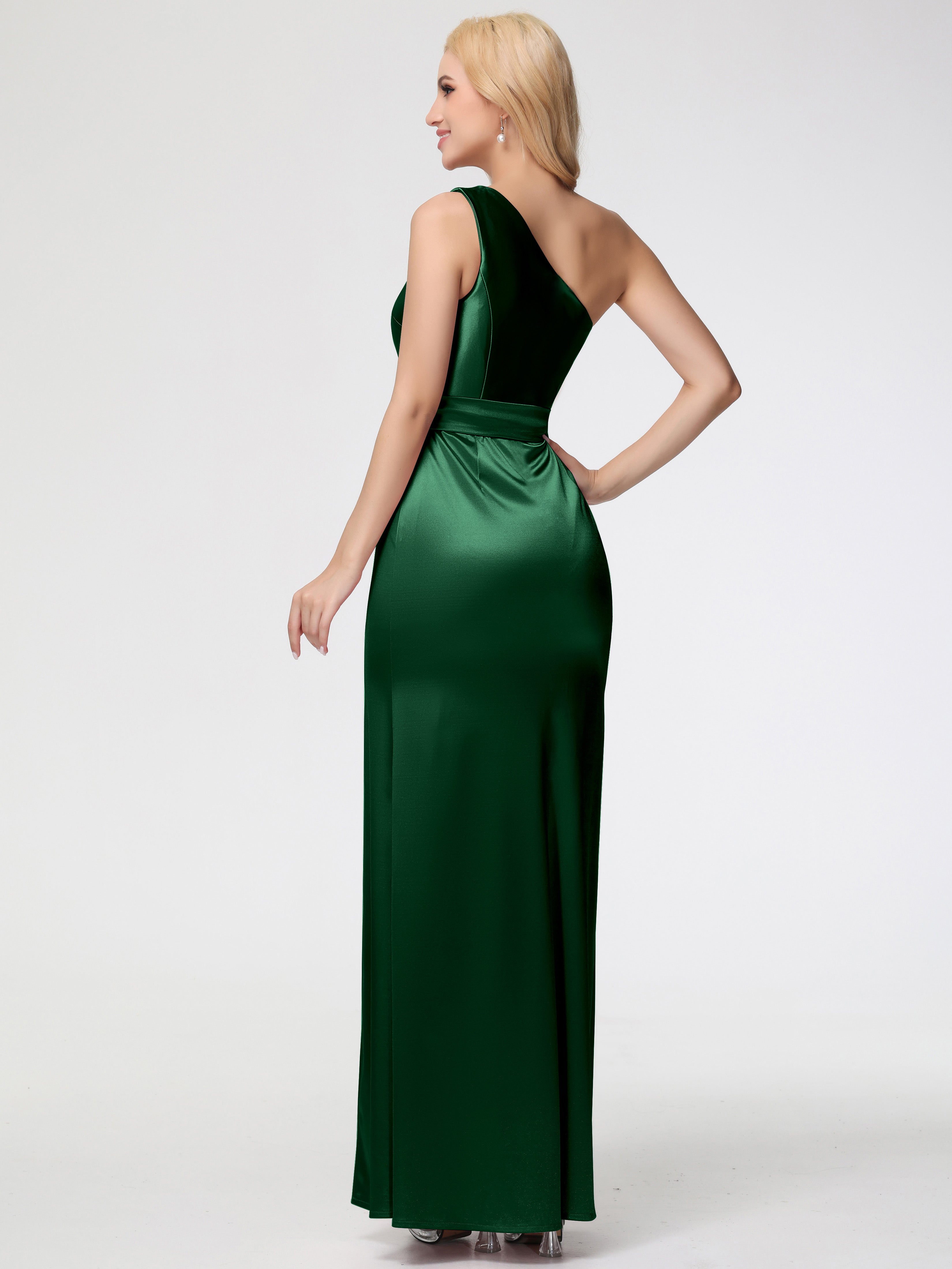 Robe Demoiselle D Honneur VERT FONCÉ Seule-épaule Satin Extensible Fendue Robe De Demoiselle D'Honneur Robe à Lacets