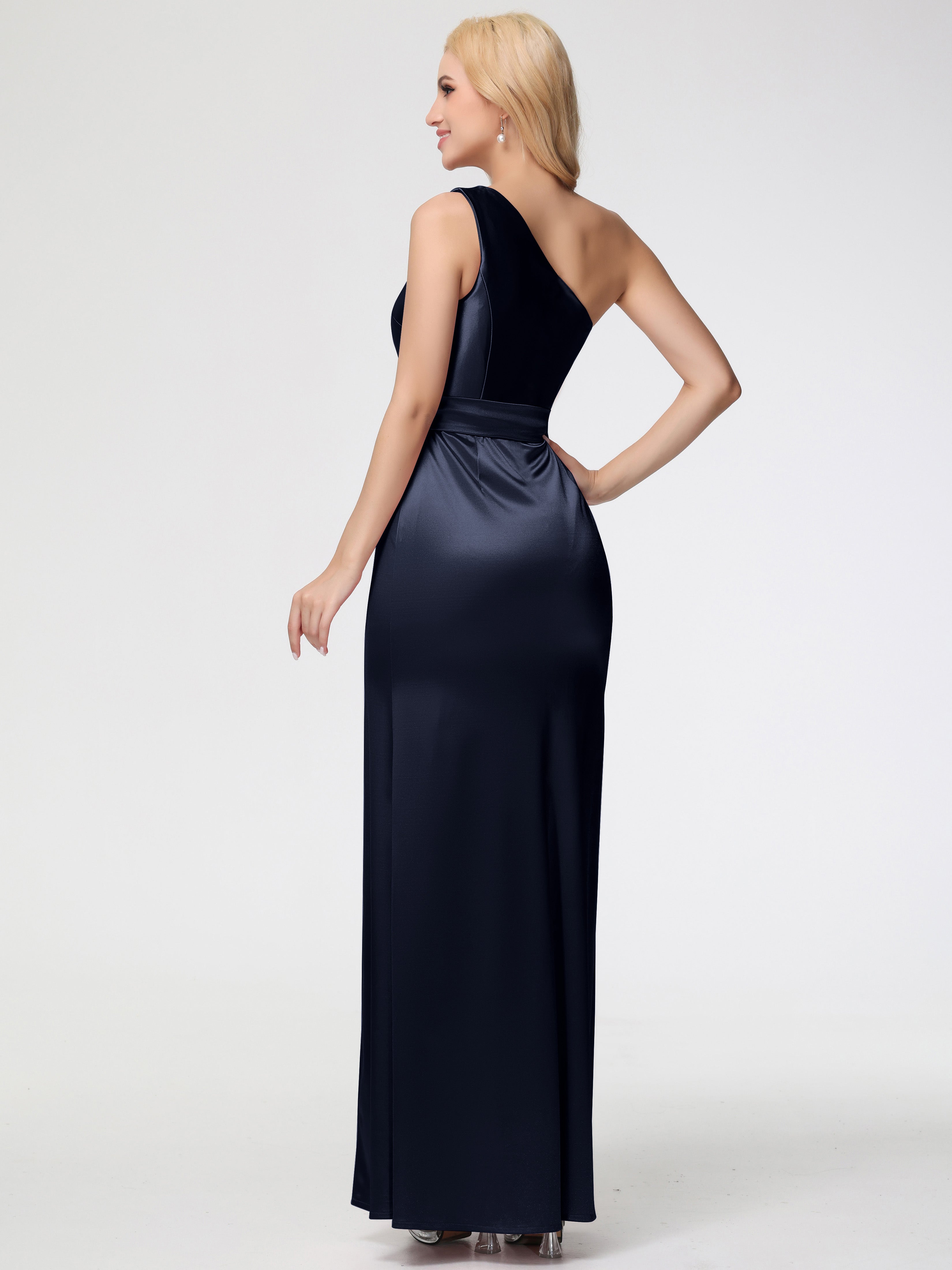 Robe Demoiselle Dhonneur Bleu Marine Seule-épaule Satin Extensible Fendue Robe De Demoiselle D'Honneur Robe à Lacets