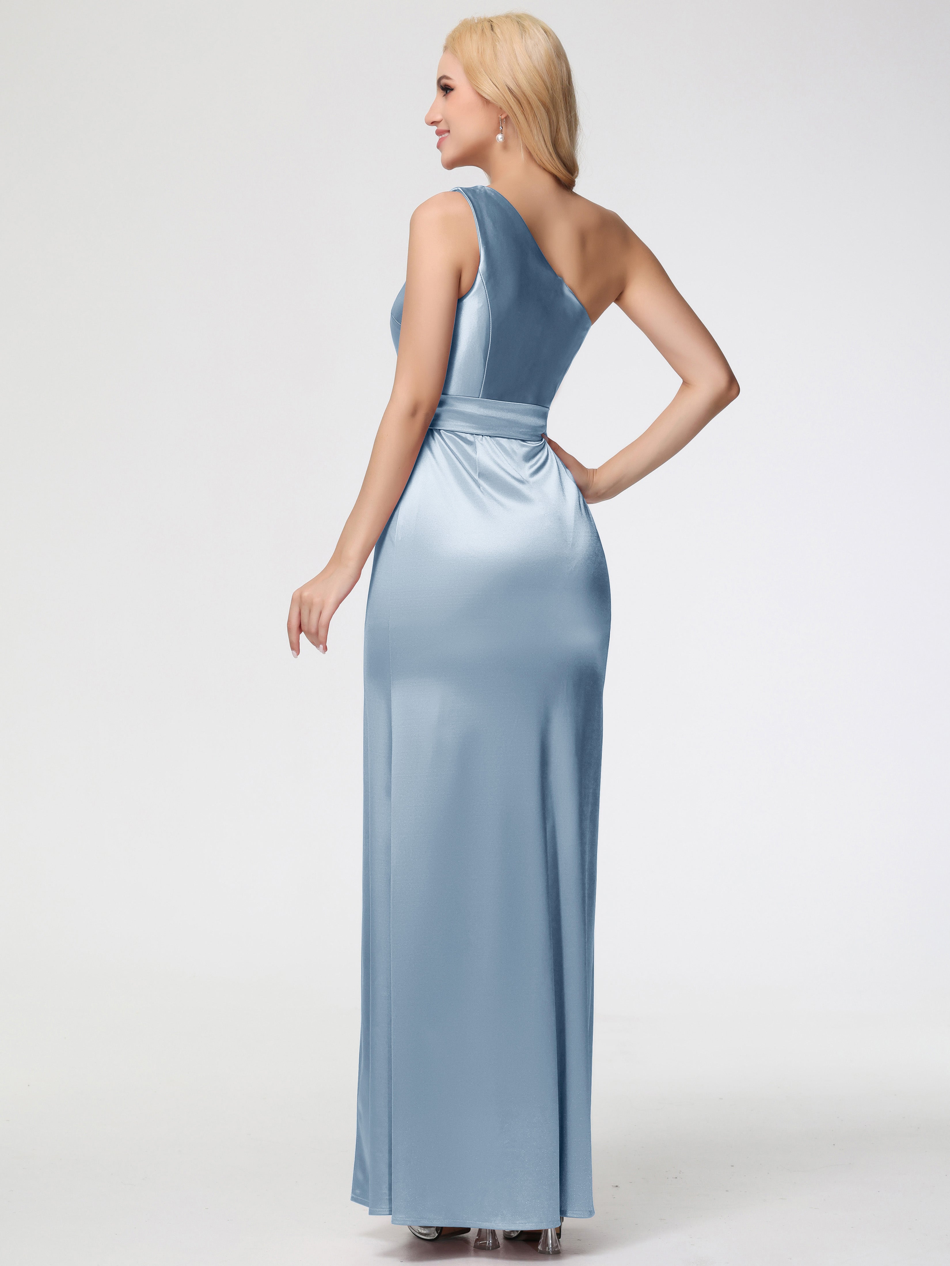 Robes De Demoiselle D'Honneur Bleu Poudre Seule-épaule Satin Extensible Fendue Robe De Demoiselle D'Honneur Robe à Lacets