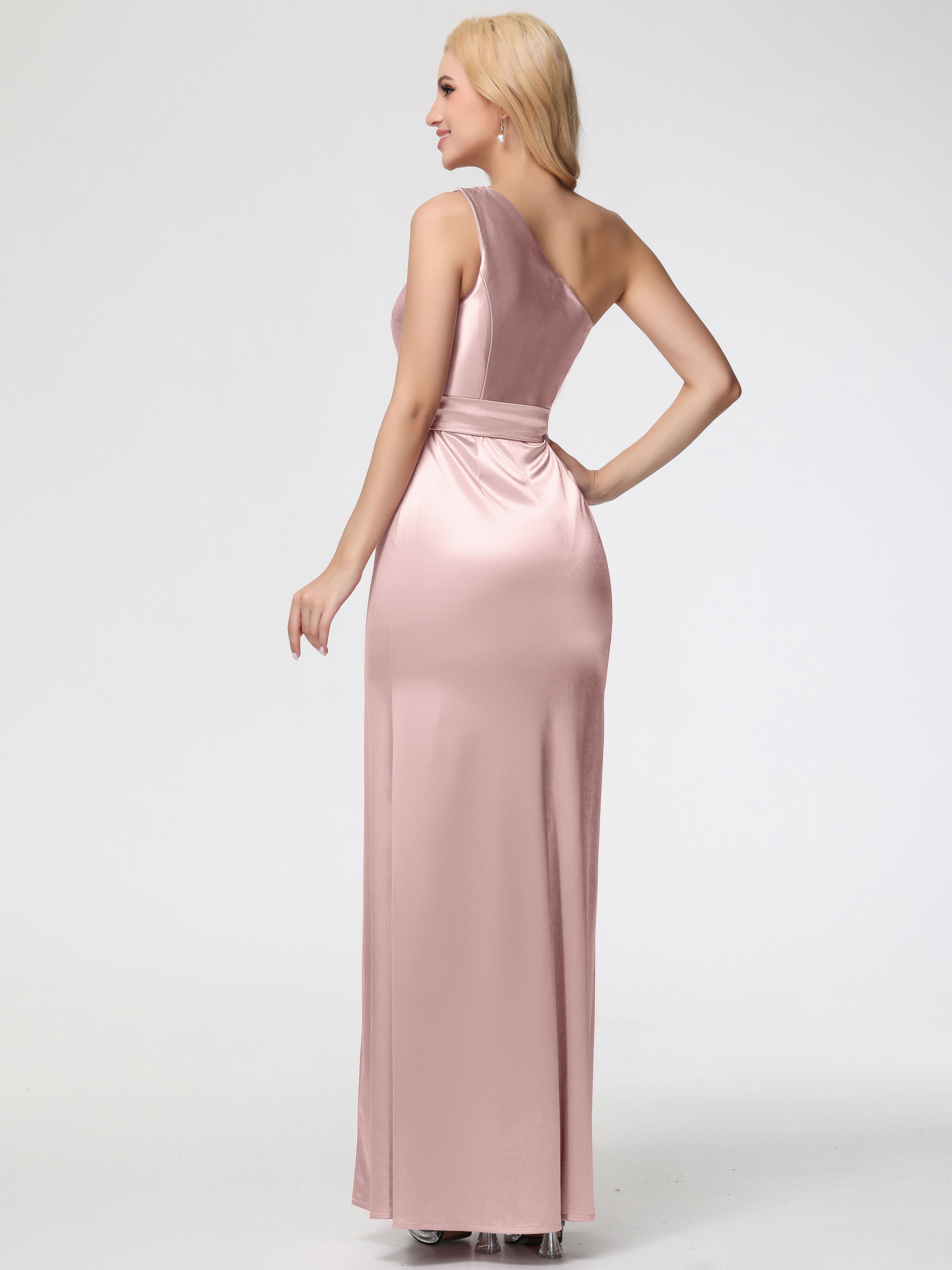 Robe De Demoiselle D Honneur ROSE POUDRÉ Seule-épaule Satin Extensible Fendue Robe De Demoiselle D'Honneur Robe à Lacets