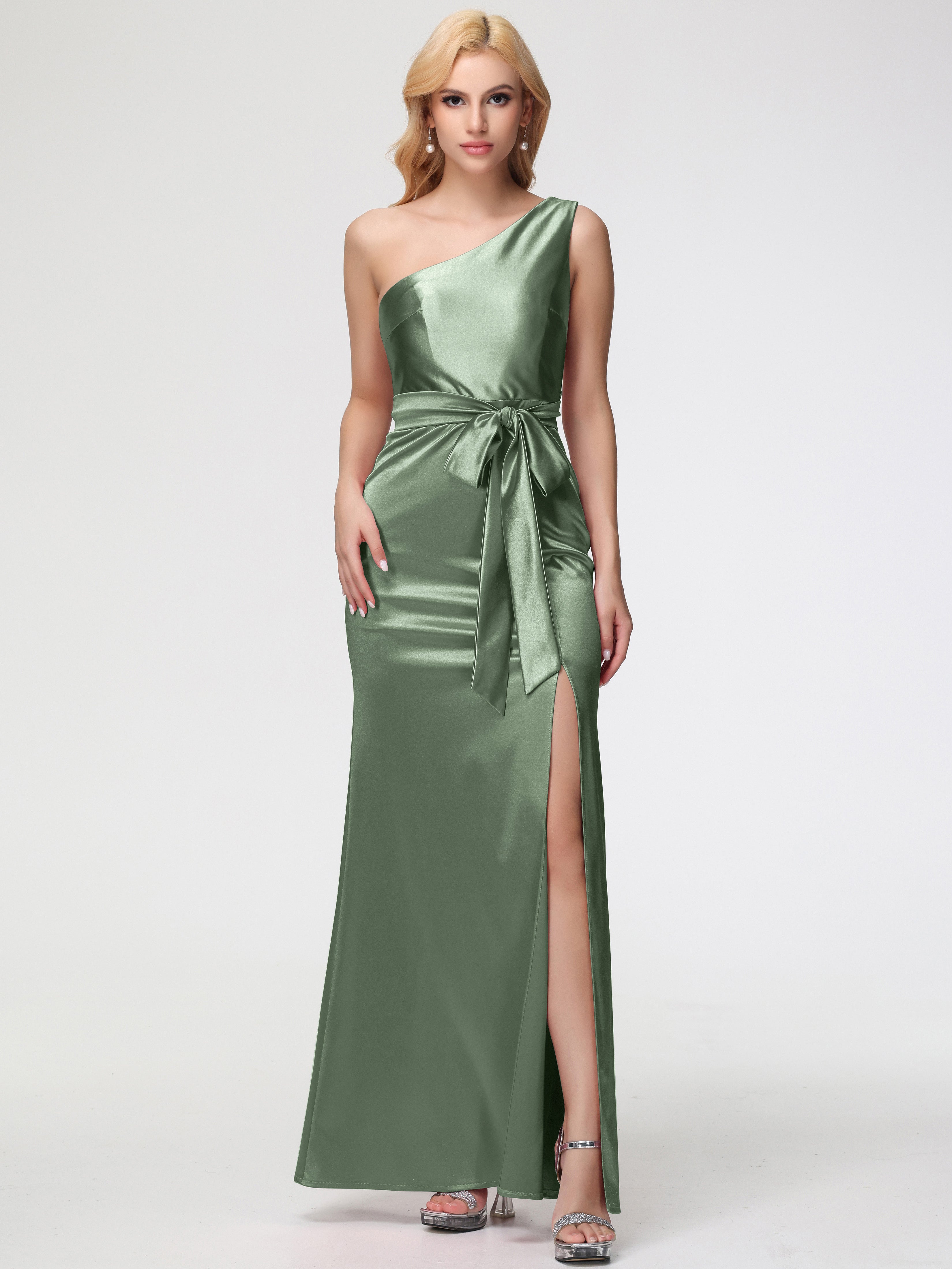 Robes De Demoiselle D'Honneur Couleur Sauge Poussiéreuse Seule-épaule Satin Extensible Fendue Robe De Demoiselle D'Honneur Robe à Lacets