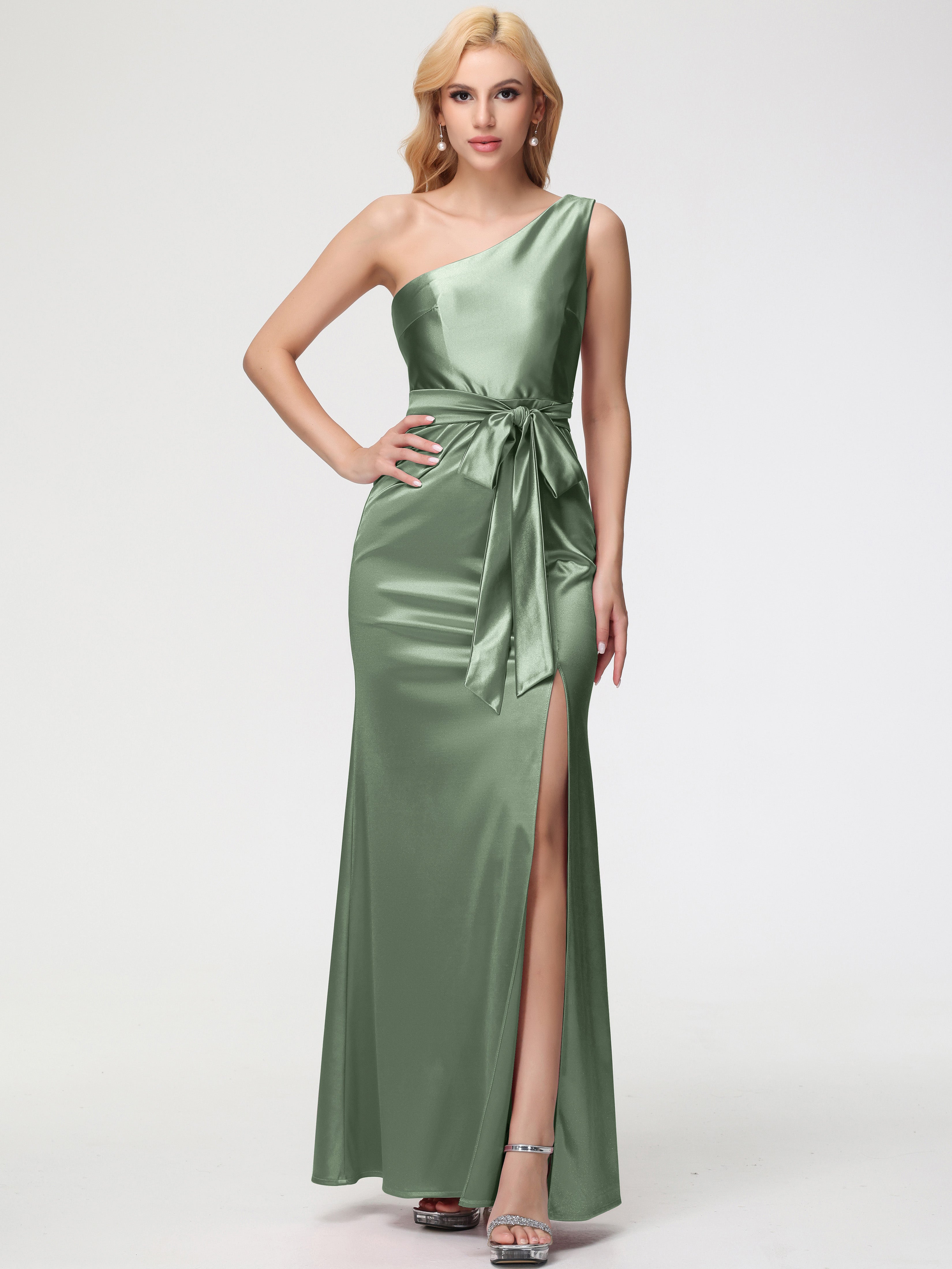 Robes De Demoiselle D'Honneur Couleur Sauge Poussiéreuse Seule-épaule Satin Extensible Fendue Robe De Demoiselle D'Honneur Robe à Lacets