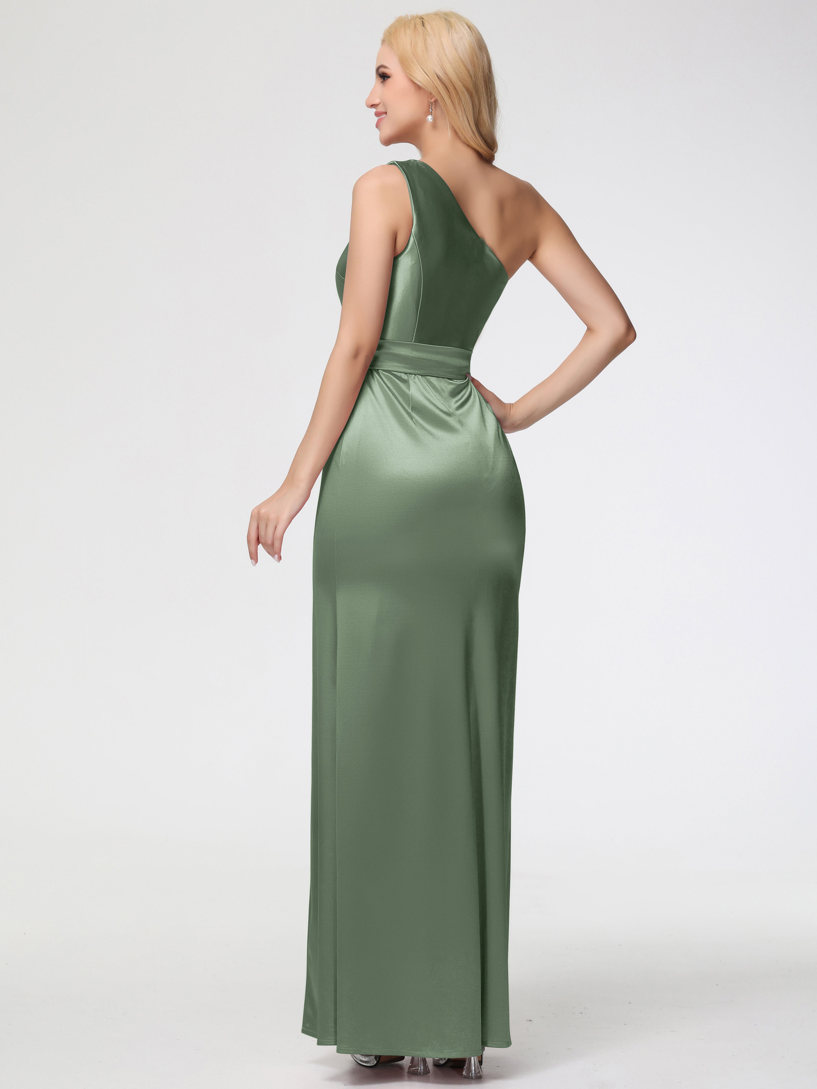 Robes De Demoiselle D'Honneur Couleur Sauge Poussiéreuse Seule-épaule Satin Extensible Fendue Robe De Demoiselle D'Honneur Robe à Lacets